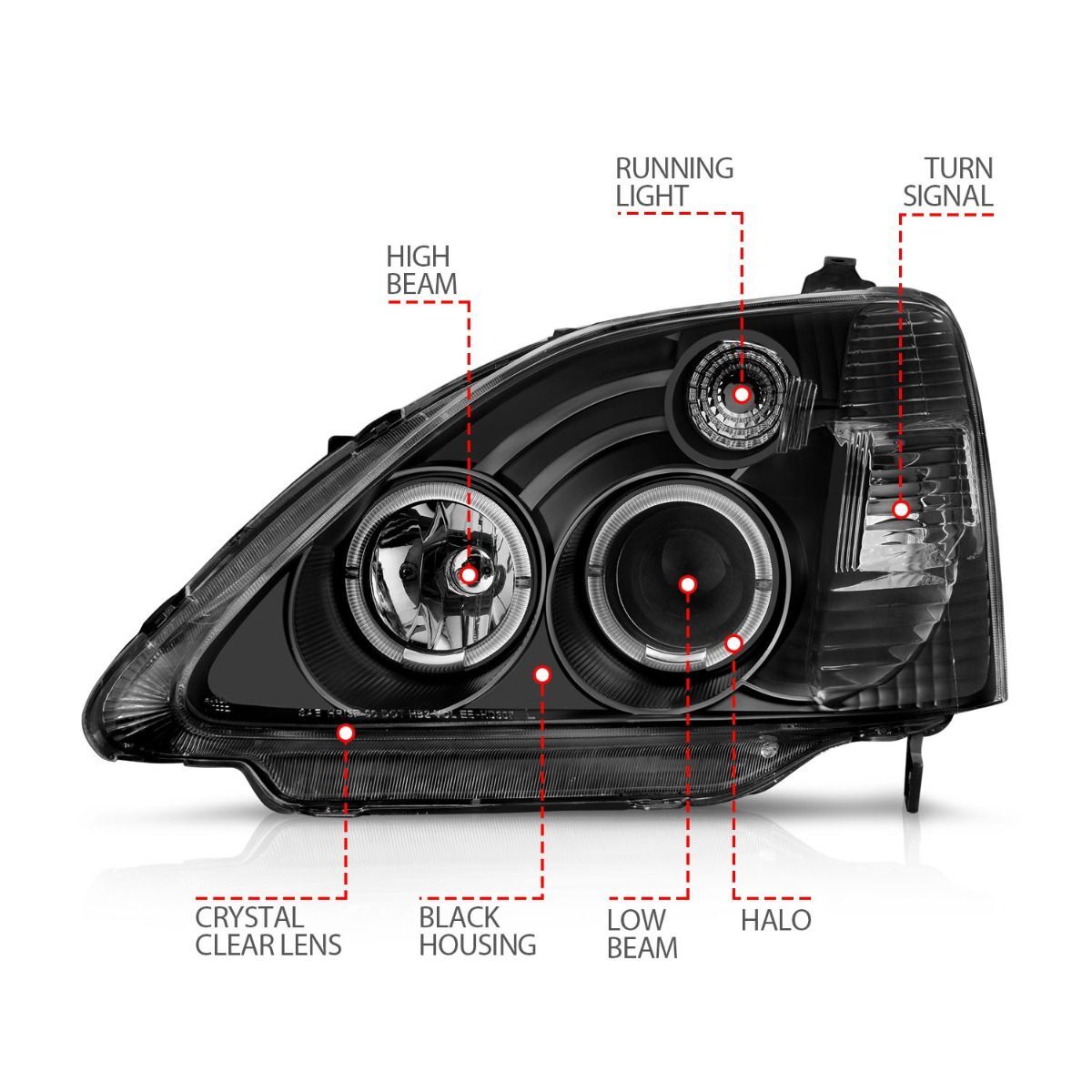 2002-2003 Honda Civic 3DR Anzo Projector Headlights W/ Halo Black