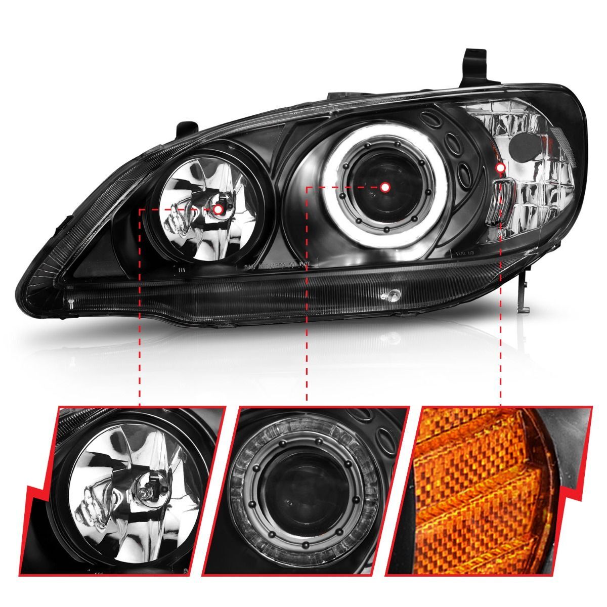 2004-2005 Honda Civic 2DR/4DR Anzo Projector Headlights W/ Halo Black