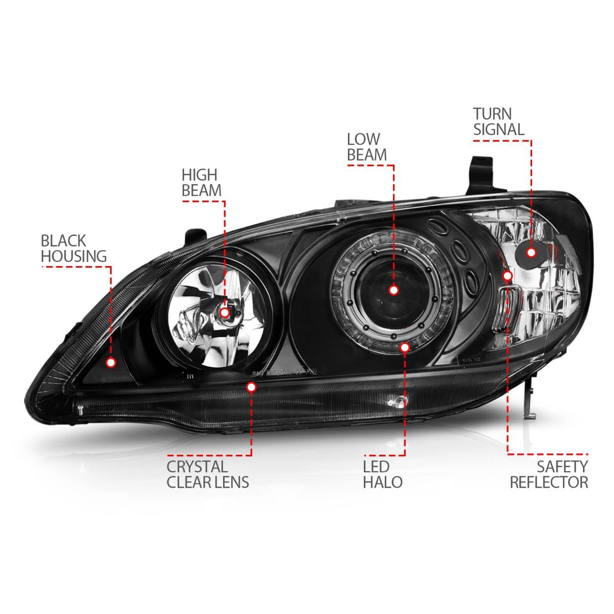 2004-2005 Honda Civic 2DR/4DR Anzo Projector Headlights W/ Halo Black