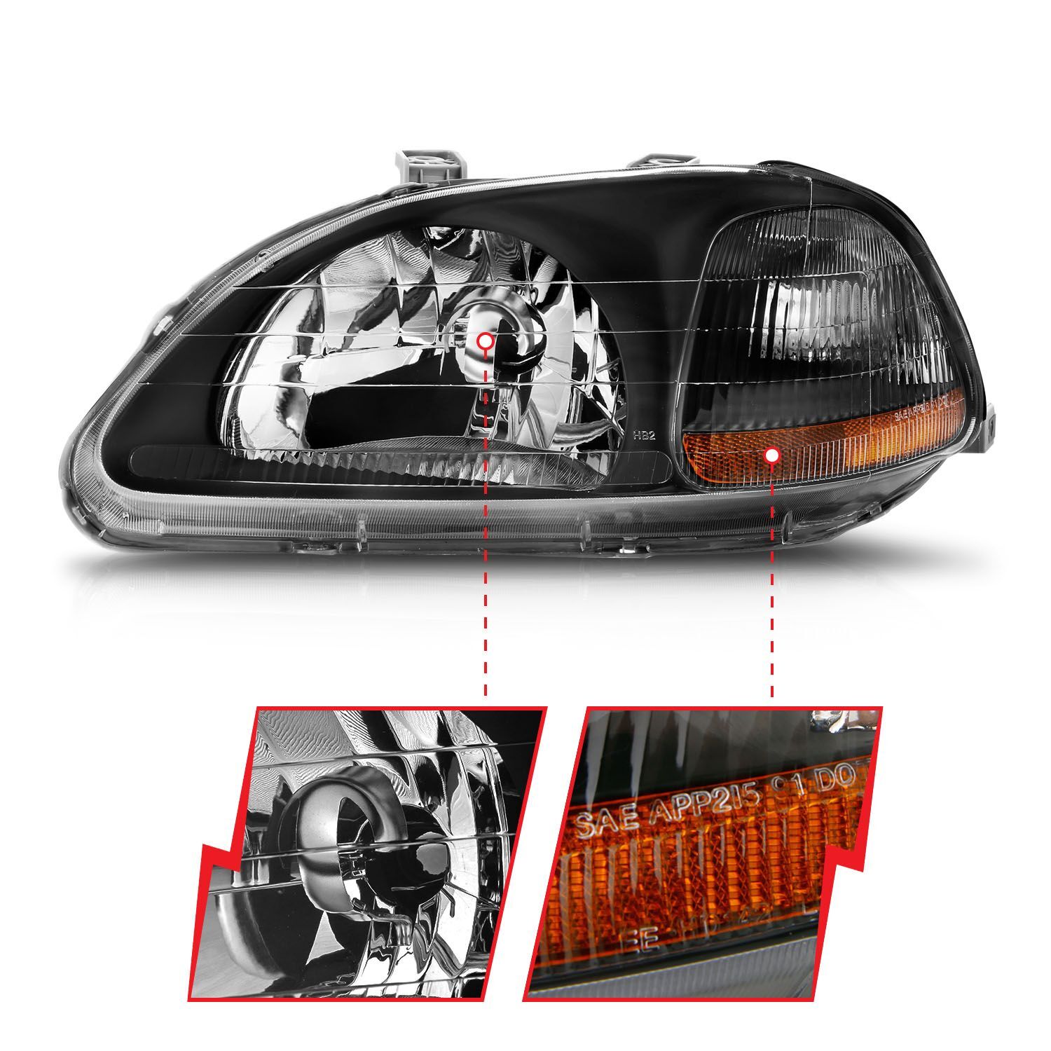 1996-1998 Honda Civic Anzo Crystal Headlights Black