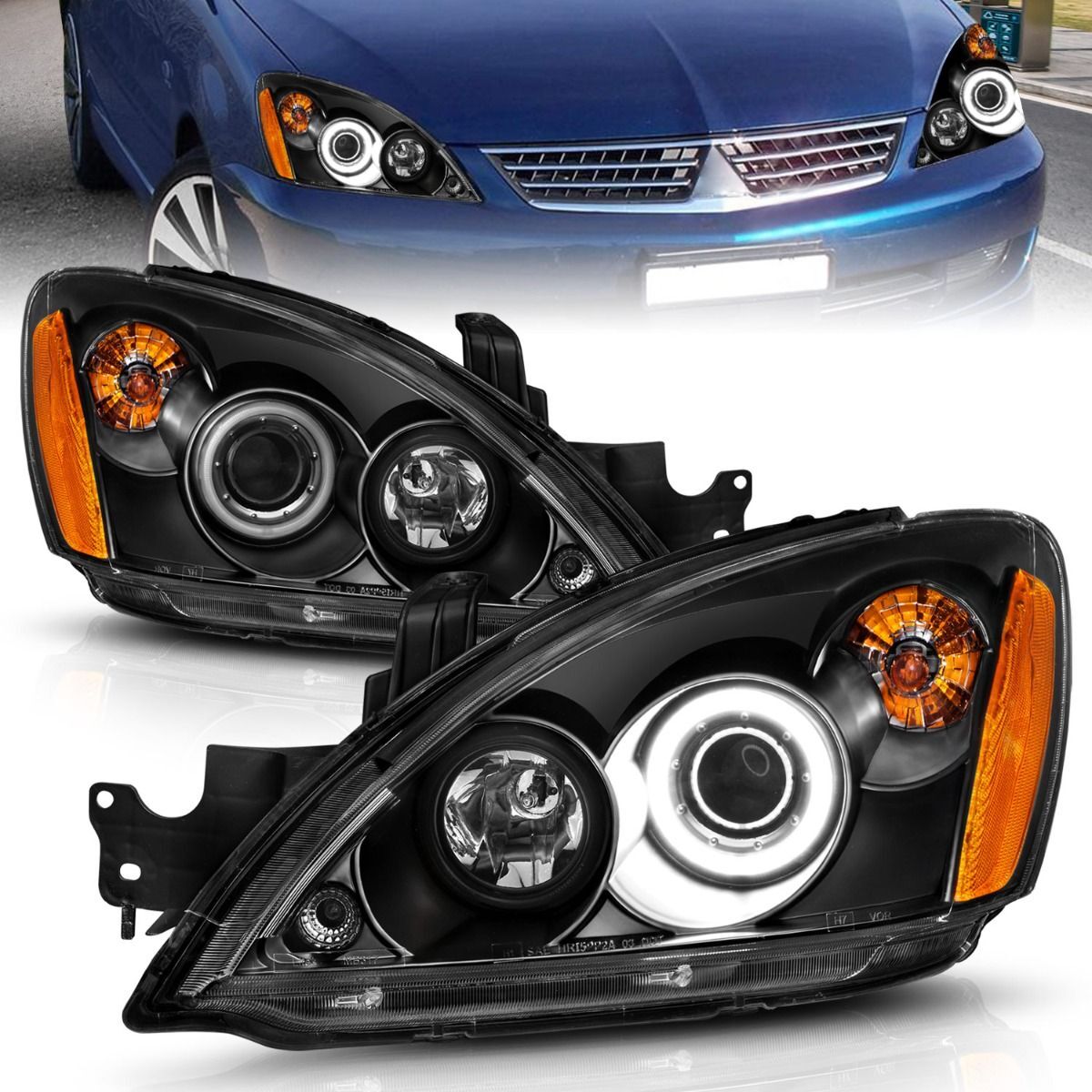 2004-2007 Mitsubishi Lancer Anzo Projector Headlights W/ Halo Black (SMD LED) - 121102