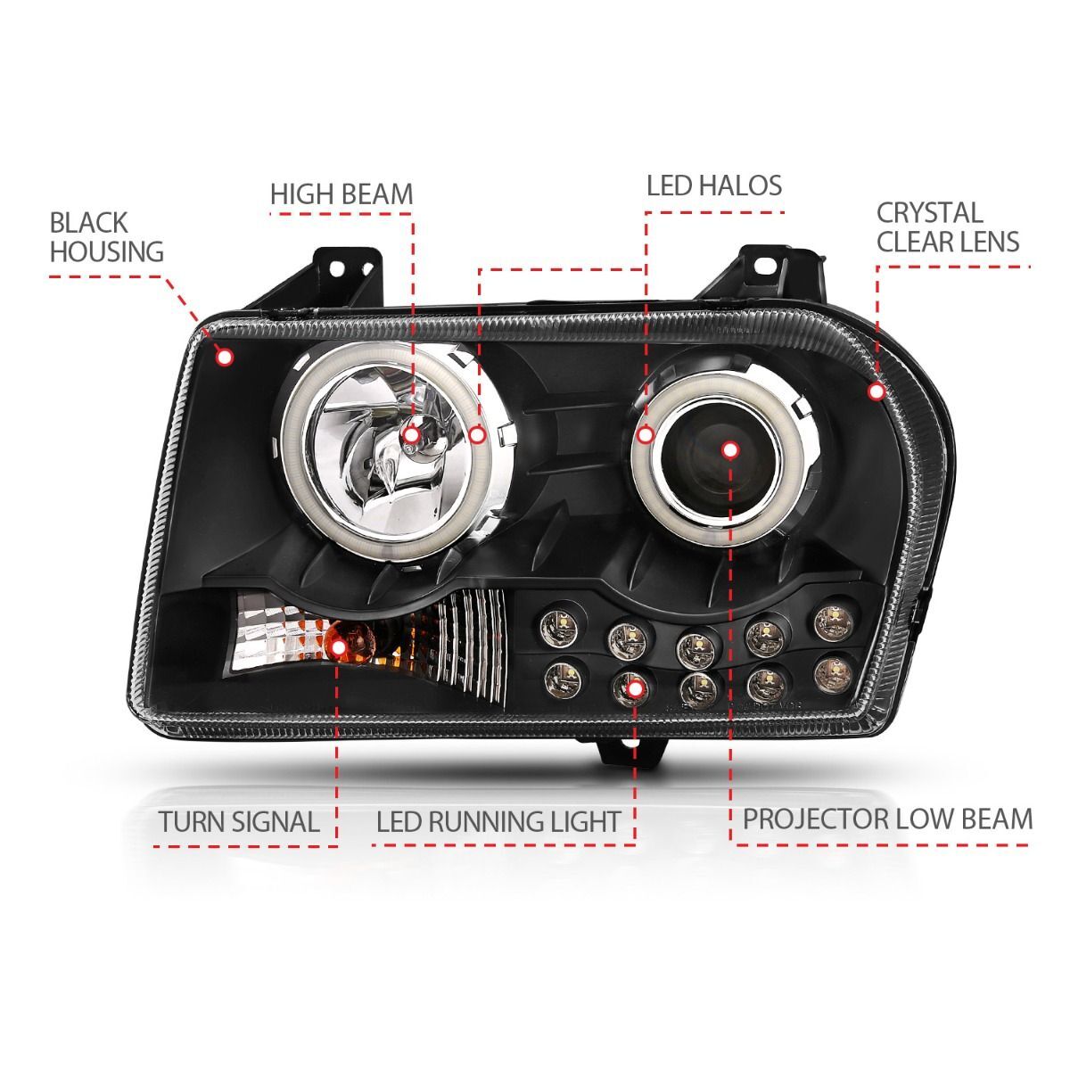 2005-2010 Chrysler 300 Anzo Projector Headlights W/ Halo Black