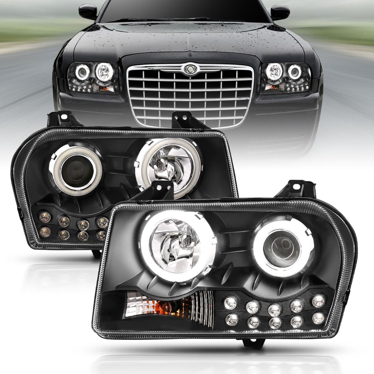 2005-2010 Chrysler 300 Anzo Projector Headlights W/ Halo Black - 121152