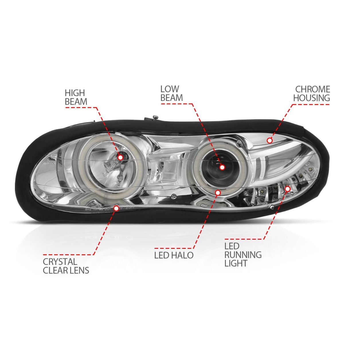 1998-2002 Chevrolet Camaro Anzo Projector Headlights W/ Halo Chrome