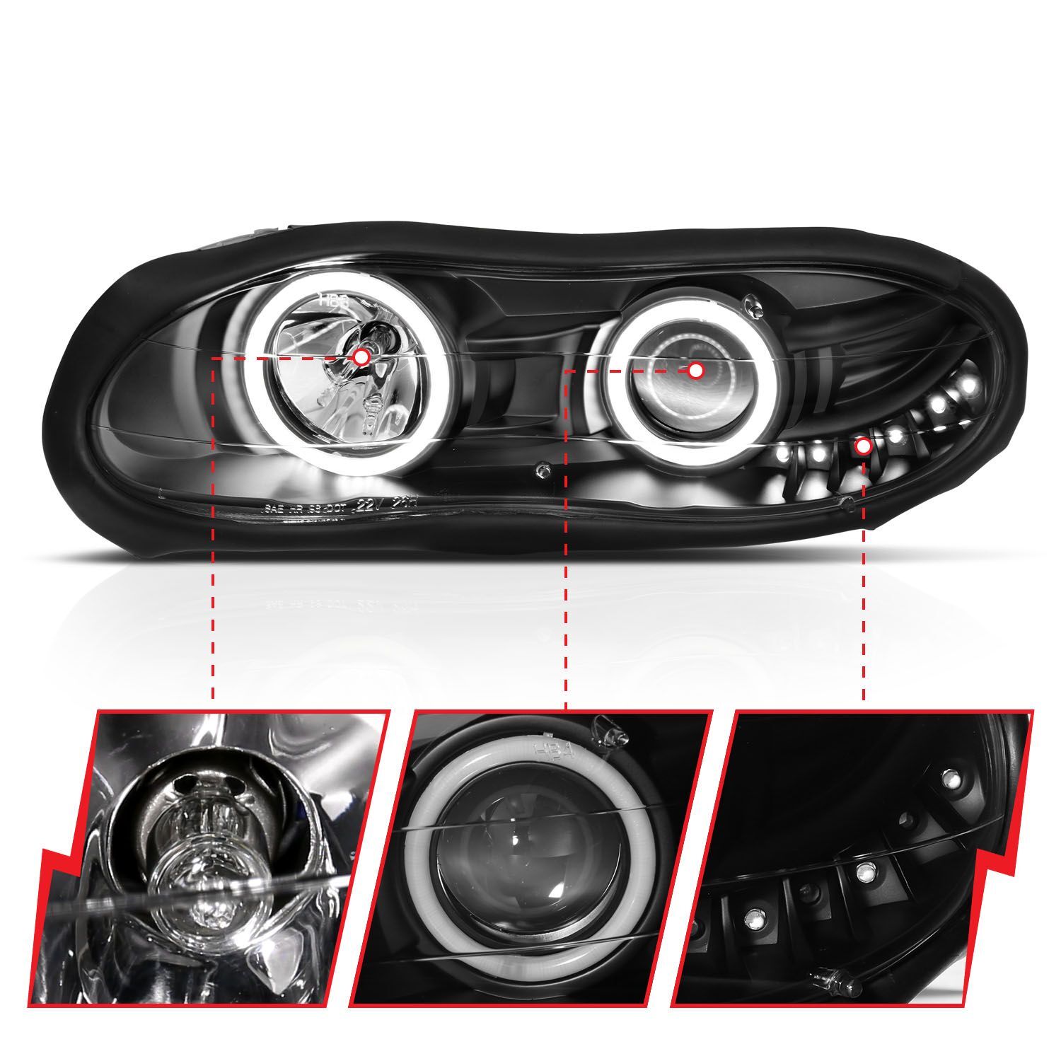 1998-2002 Chevrolet Camaro Anzo Projector Headlights W/ Halo Black