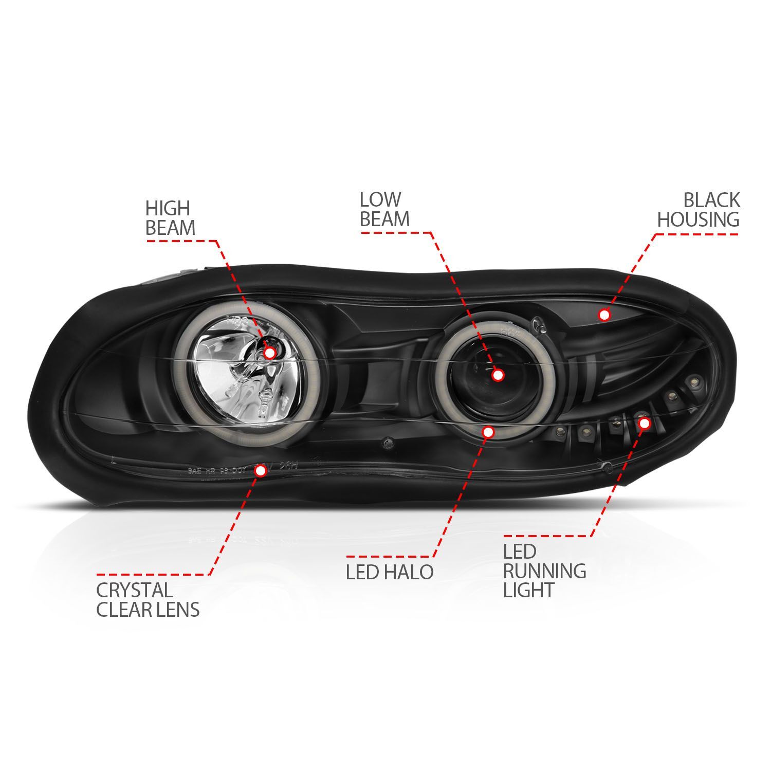 1998-2002 Chevrolet Camaro Anzo Projector Headlights W/ Halo Black