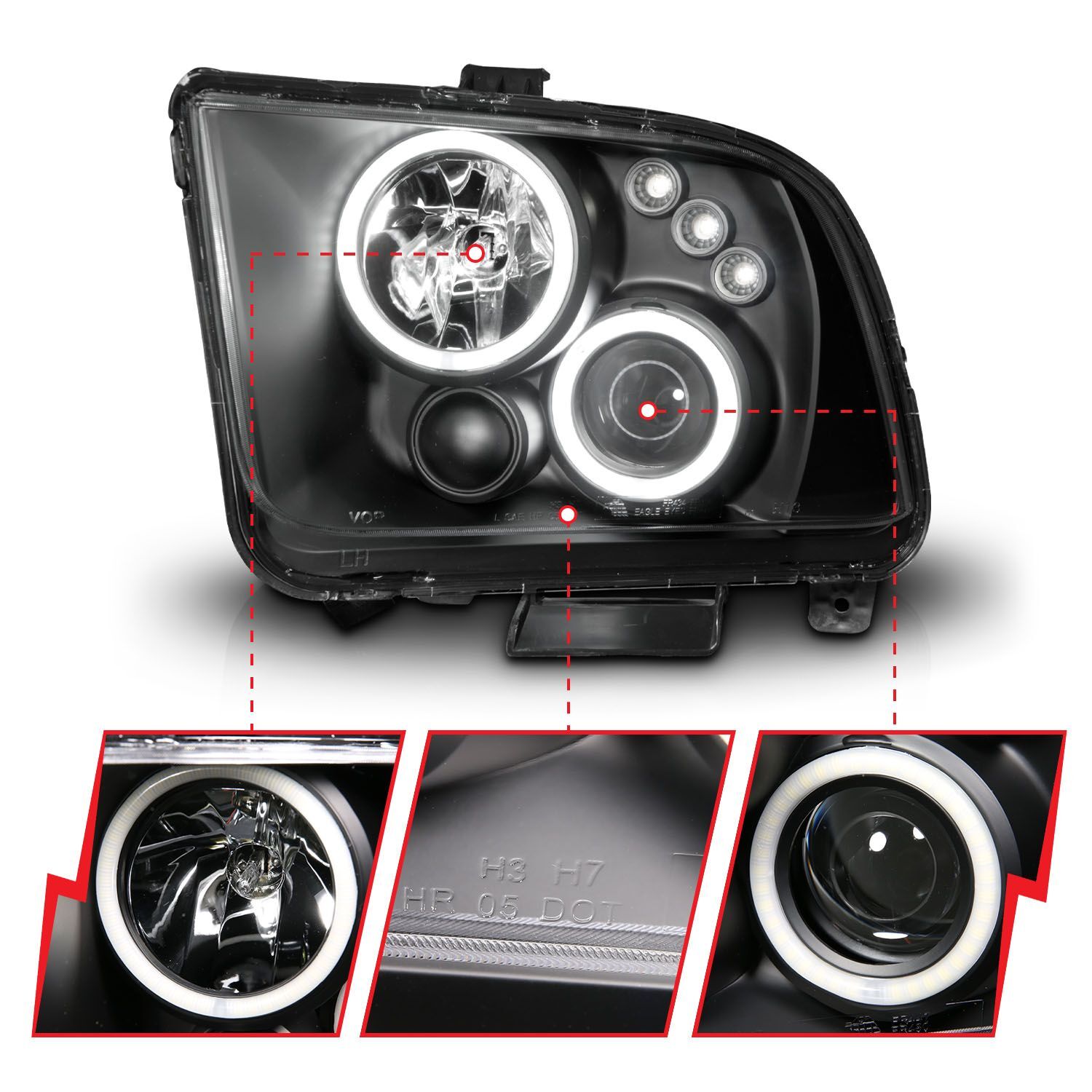 2005-2009 Ford Mustang Anzo Projector Headlights W/ Halo Black