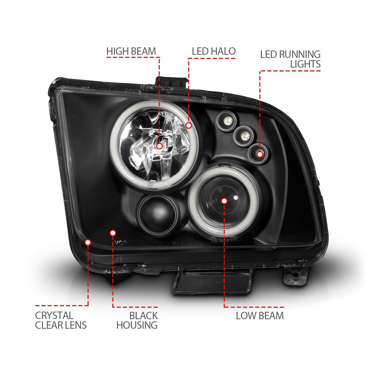 2005-2009 Ford Mustang Anzo Projector Headlights W/ Halo Black