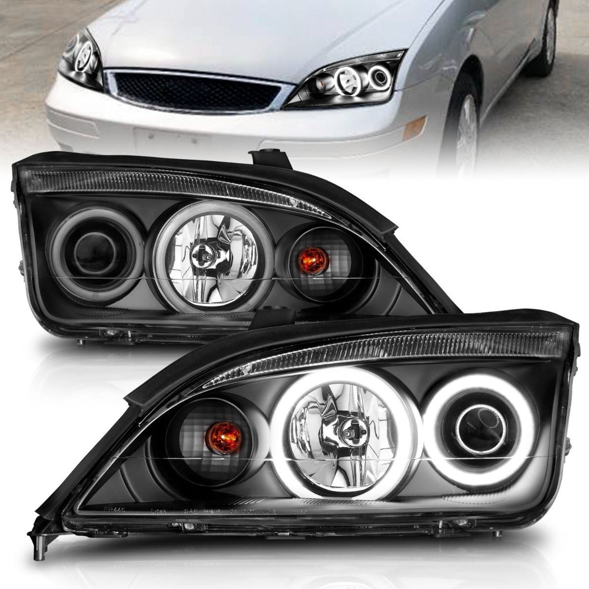 2005-2007 Ford Focus ZX3/ZX4/ZX5 Anzo Projector Headlights W/ Halo Black - 121198