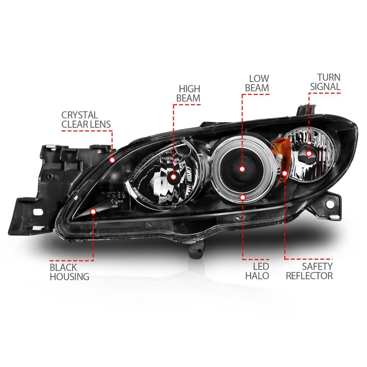2004-2008 Mazda 3 4DR Anzo Projector Headlights W/ Halo Black (SMD LED)