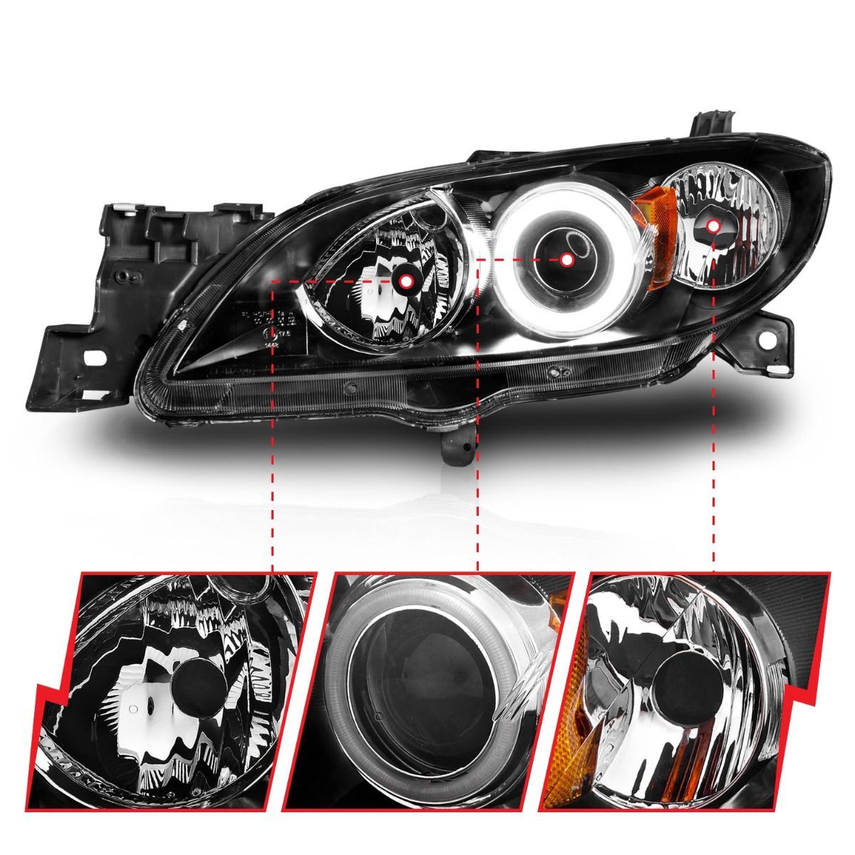 2004-2008 Mazda 3 4DR Anzo Projector Headlights W/ Halo Black (SMD LED)