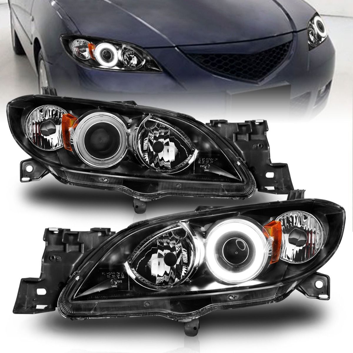 2004-2008 Mazda 3 4DR Anzo Projector Headlights W/ Halo Black (SMD LED) - 121228