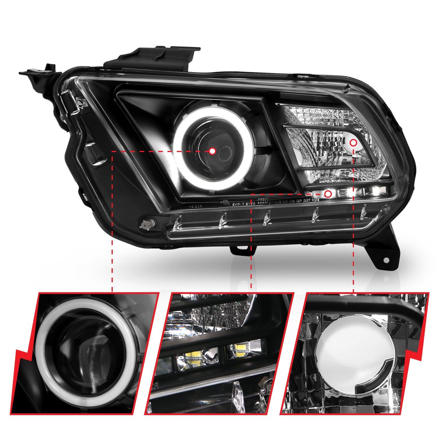2010-2014 Ford Mustang Anzo Projector Headlights W/ Halo Black (SMD LED)