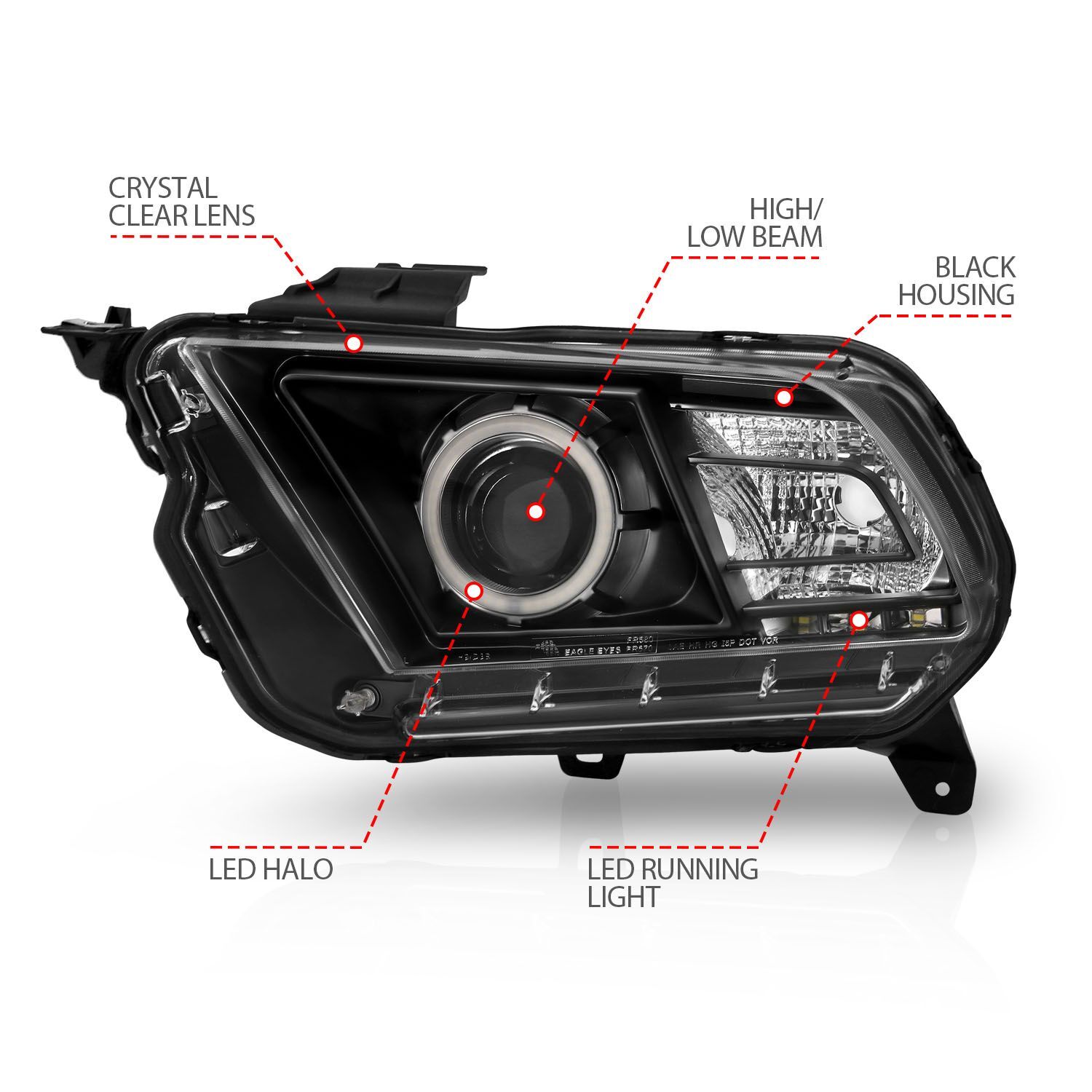 2010-2014 Ford Mustang Anzo Projector Headlights W/ Halo Black (SMD LED)