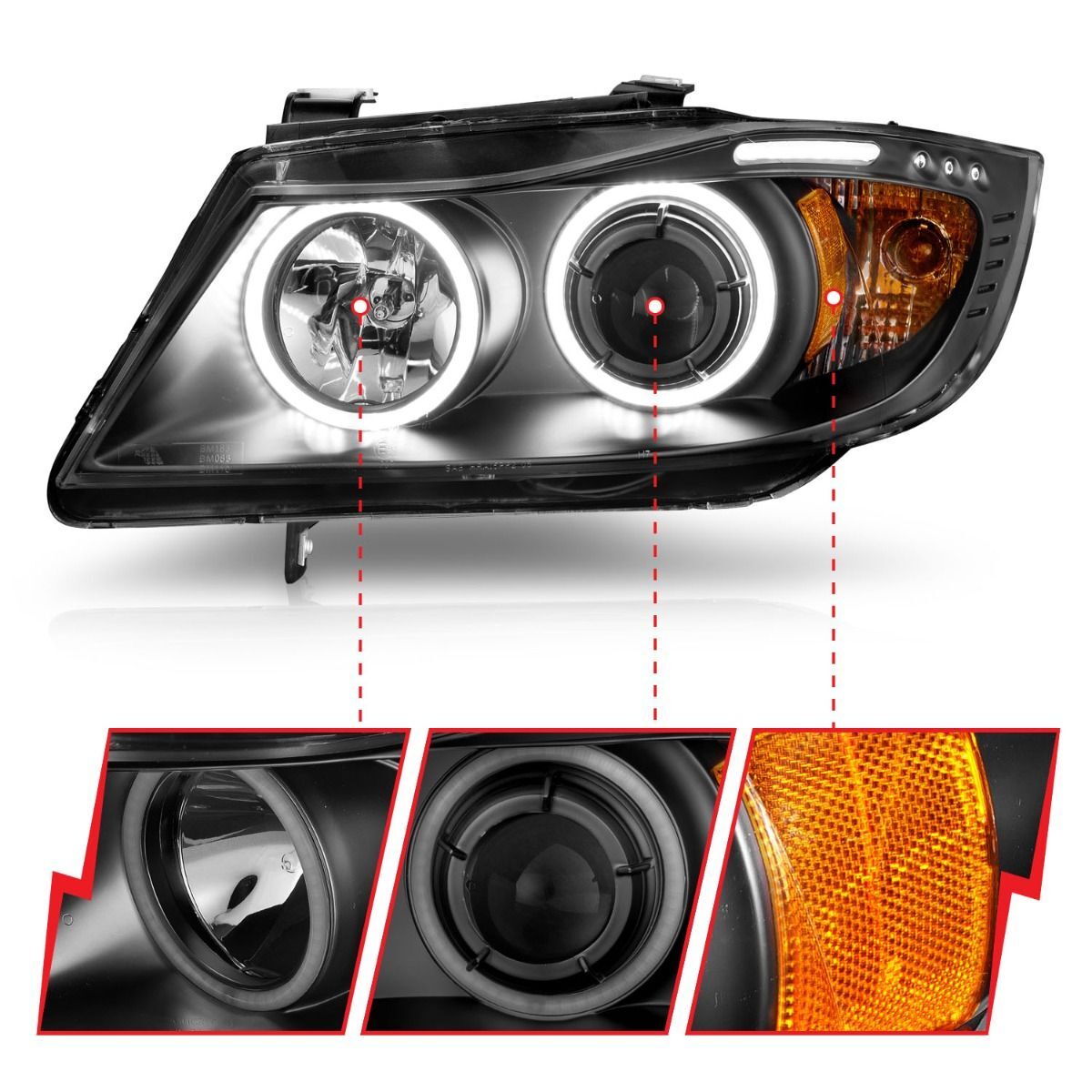2006-2008 BMW 3-Series E90/E91 4DR Wagon Anzo Projector Headlights W/ Halo W/ LED Bar Black (SMD LED)