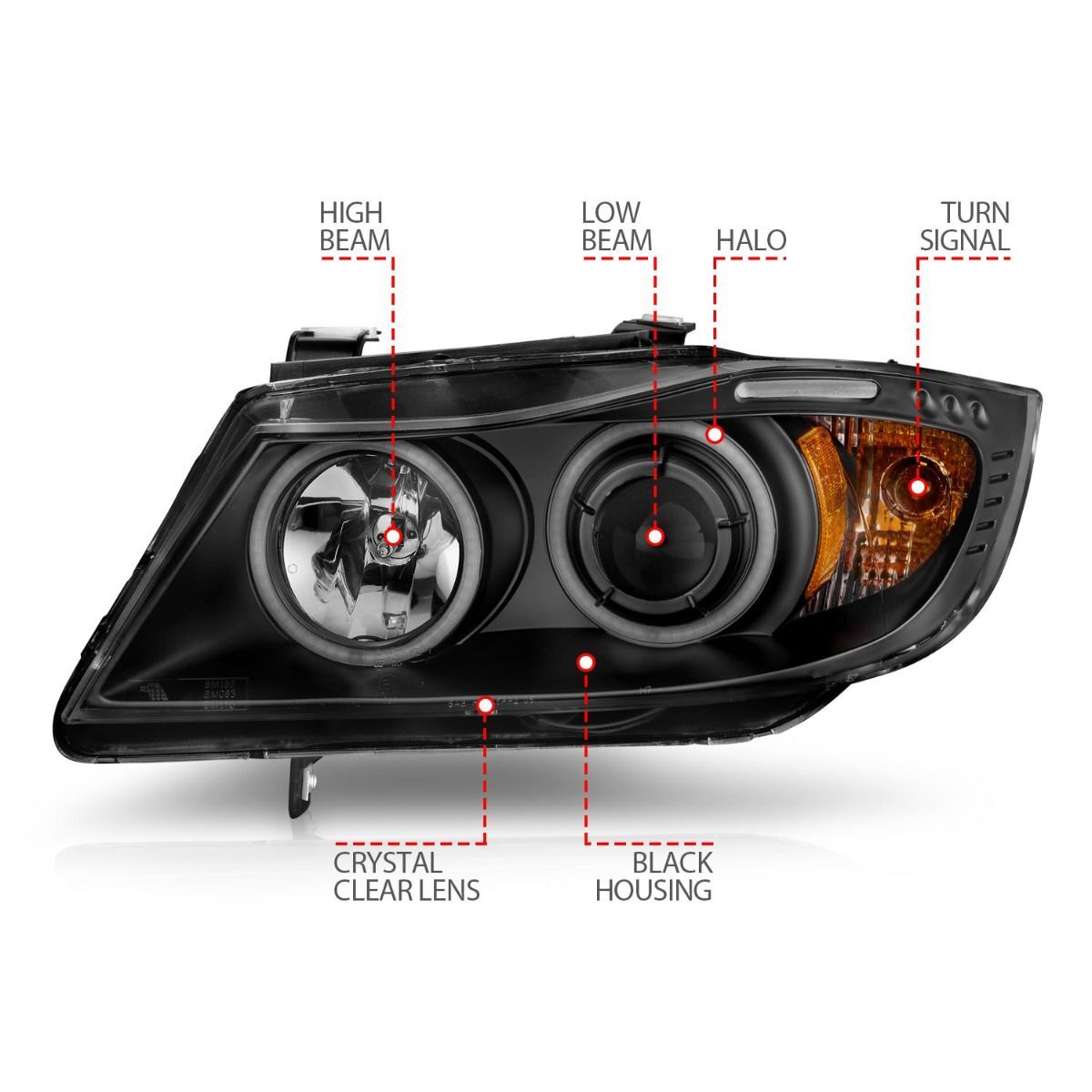 2006-2008 BMW 3-Series E90/E91 4DR Wagon Anzo Projector Headlights W/ Halo W/ LED Bar Black (SMD LED)