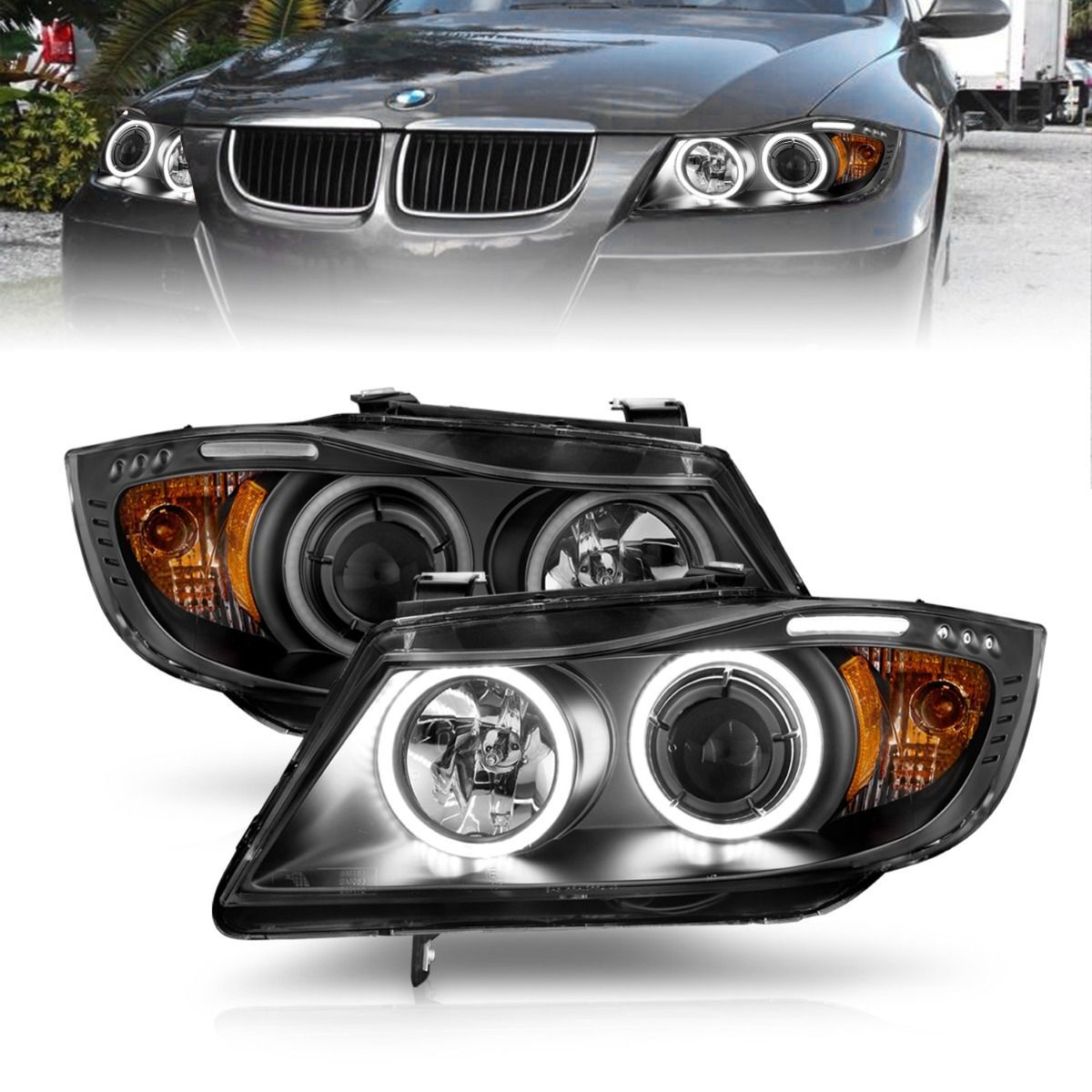 2006-2008 BMW 3-Series E90/E91 4DR Wagon Anzo Projector Headlights W/ Halo W/ LED Bar Black (SMD LED) - 121335