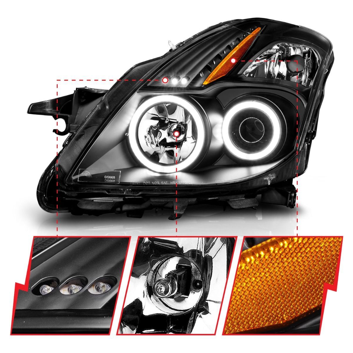 2008-2009 Nissan Altima 2DR Anzo Projector Headlights W/ Halo Black (SMD LED)