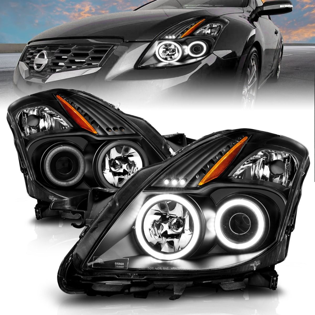 2008-2009 Nissan Altima 2DR Anzo Projector Headlights W/ Halo Black (SMD LED) - 121395