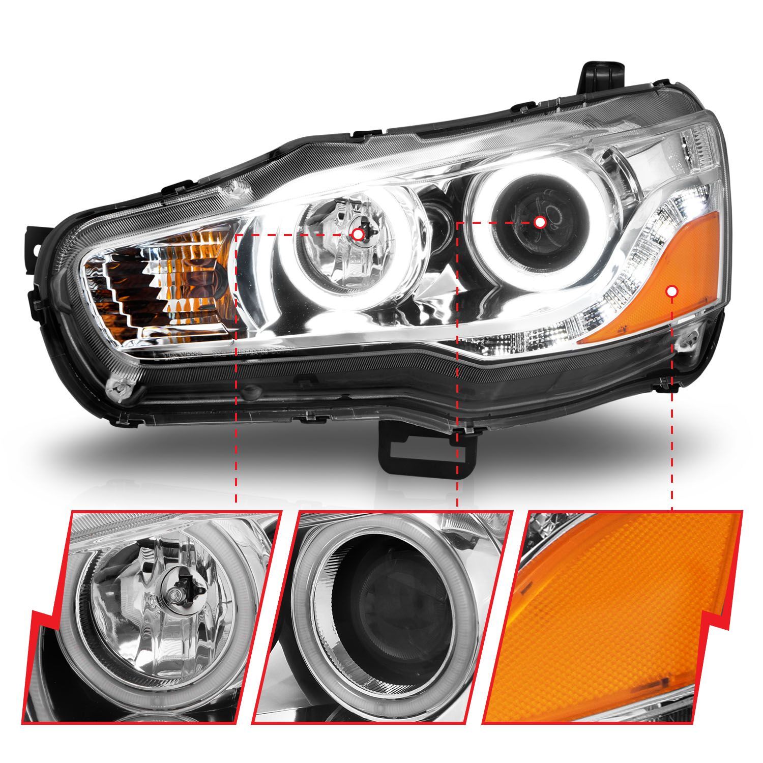 2008-2015 Mitsubishi Lancer Anzo Projector Headlights W/ Halo Chrome (SMD LED)