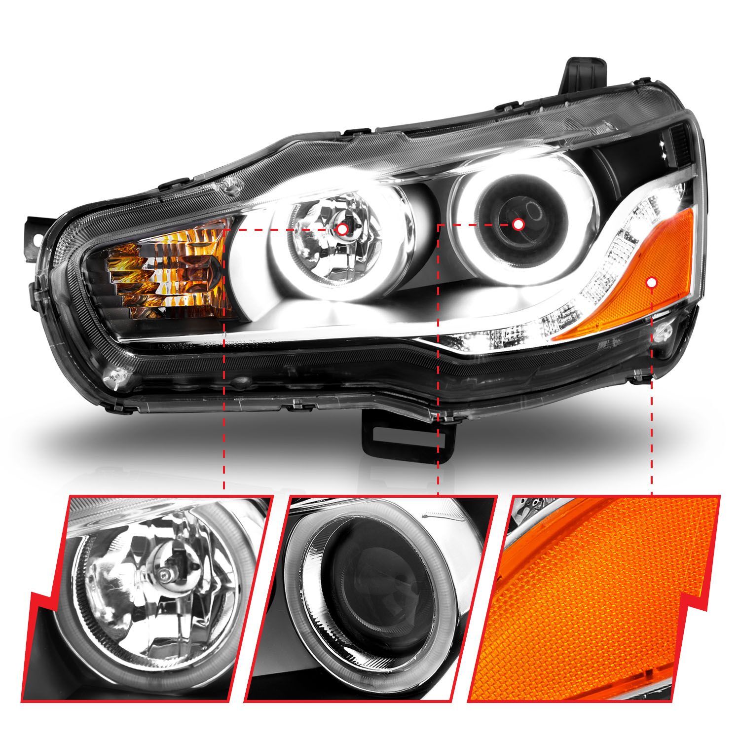 2008-2015 Mitsubishi Lancer Anzo Projector Headlights W/ Halo Black (SMD LED)