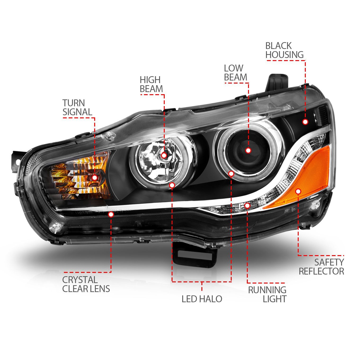 2008-2015 Mitsubishi Lancer Anzo Projector Headlights W/ Halo Black (SMD LED)