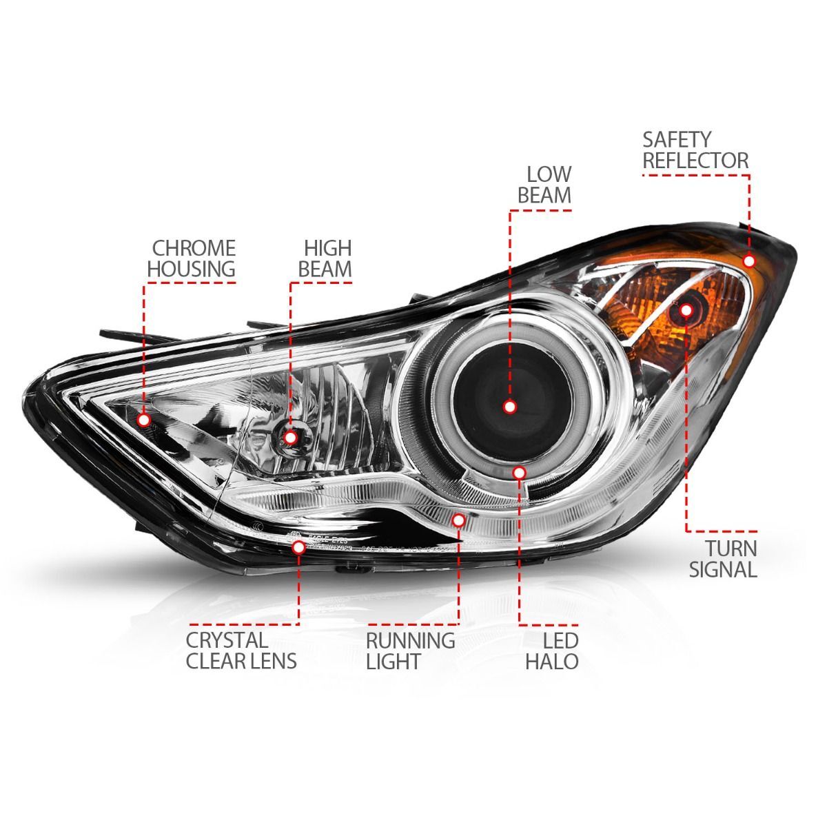2011-2013 Hyundai Elantra Coupe/Sedan Anzo Projector Headlights W/ Halo Chrome (SMD LED)