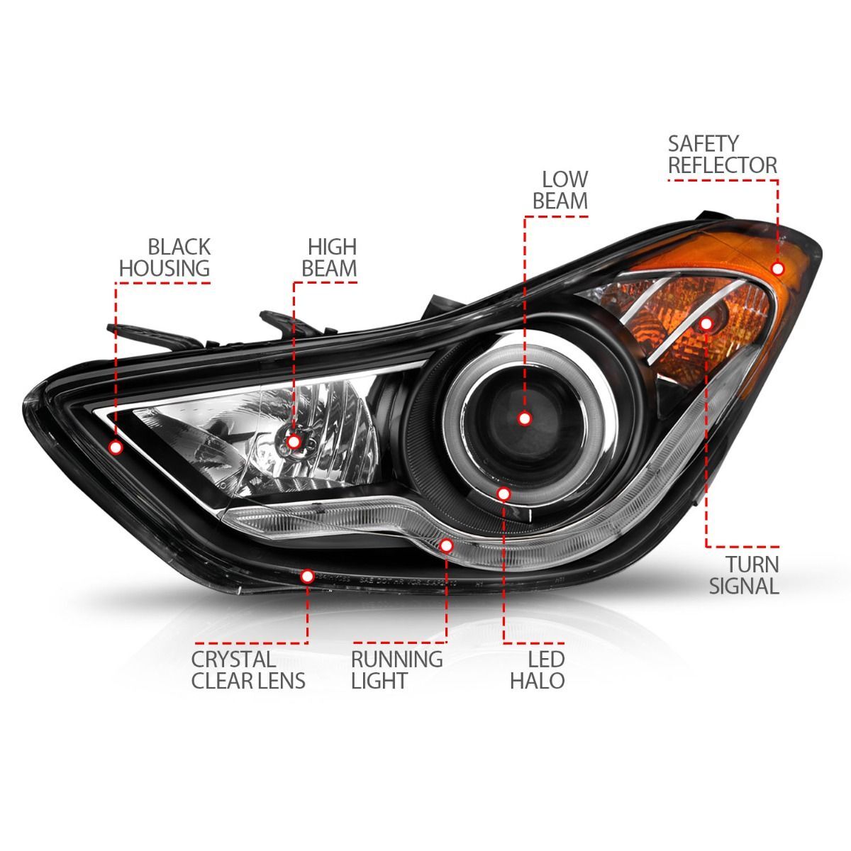 2011-2013 Hyundai Elantra Coupe/Sedan Anzo Projector Headlights W/ Halo Black (SMD LED)