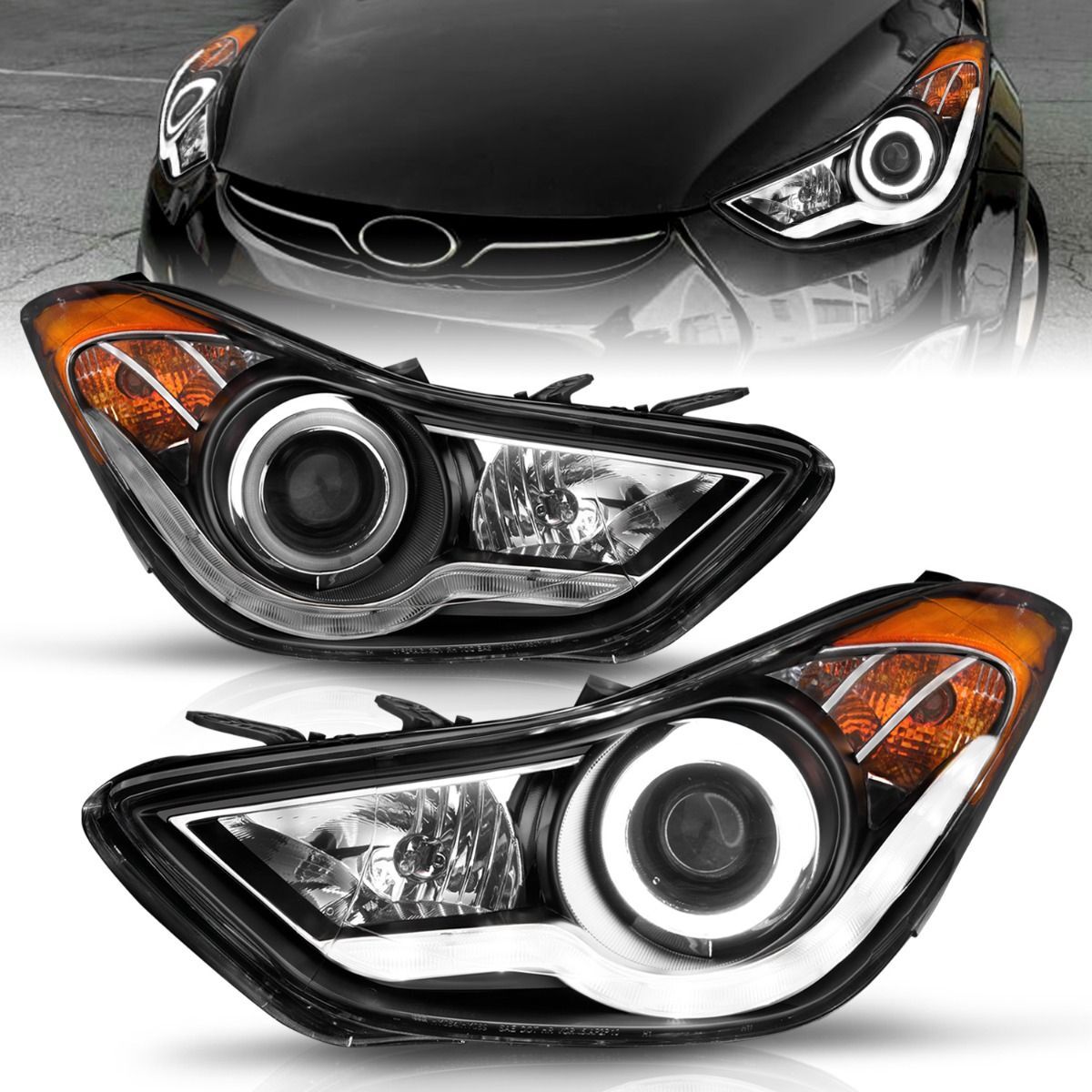 2011-2013 Hyundai Elantra Coupe/Sedan Anzo Projector Headlights W/ Halo Black (SMD LED) - 121456