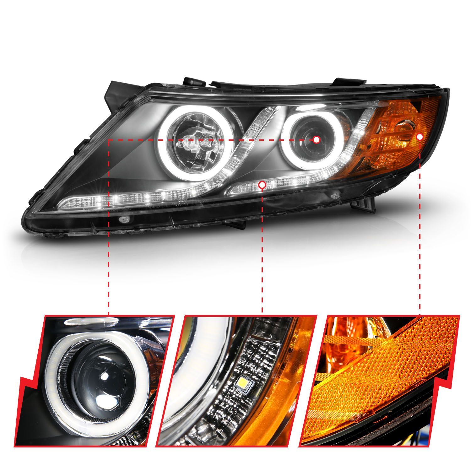 2011-2015 Kia Optima Anzo Projector Headlights W/ Halo Black (SMD LED)