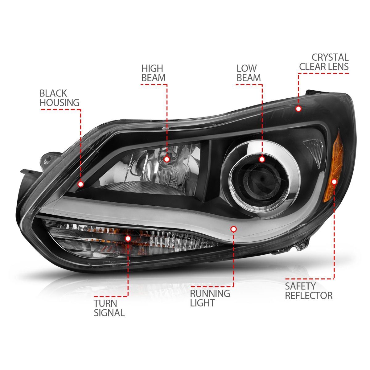 2012-2014 Ford Focus Anzo Projector Headlights W/ Plank Style Design Black