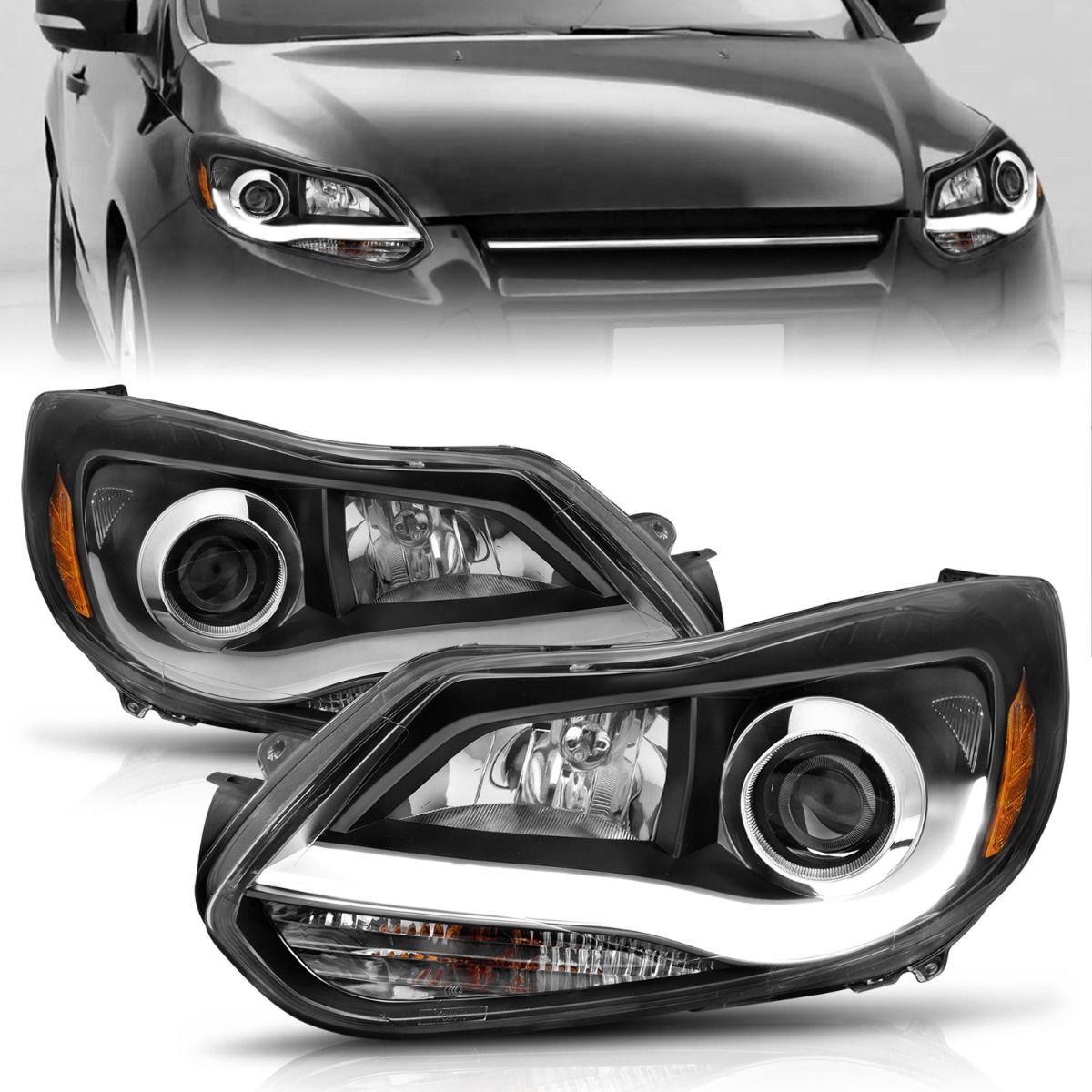 2012-2014 Ford Focus Anzo Projector Headlights W/ Plank Style Design Black - 121490