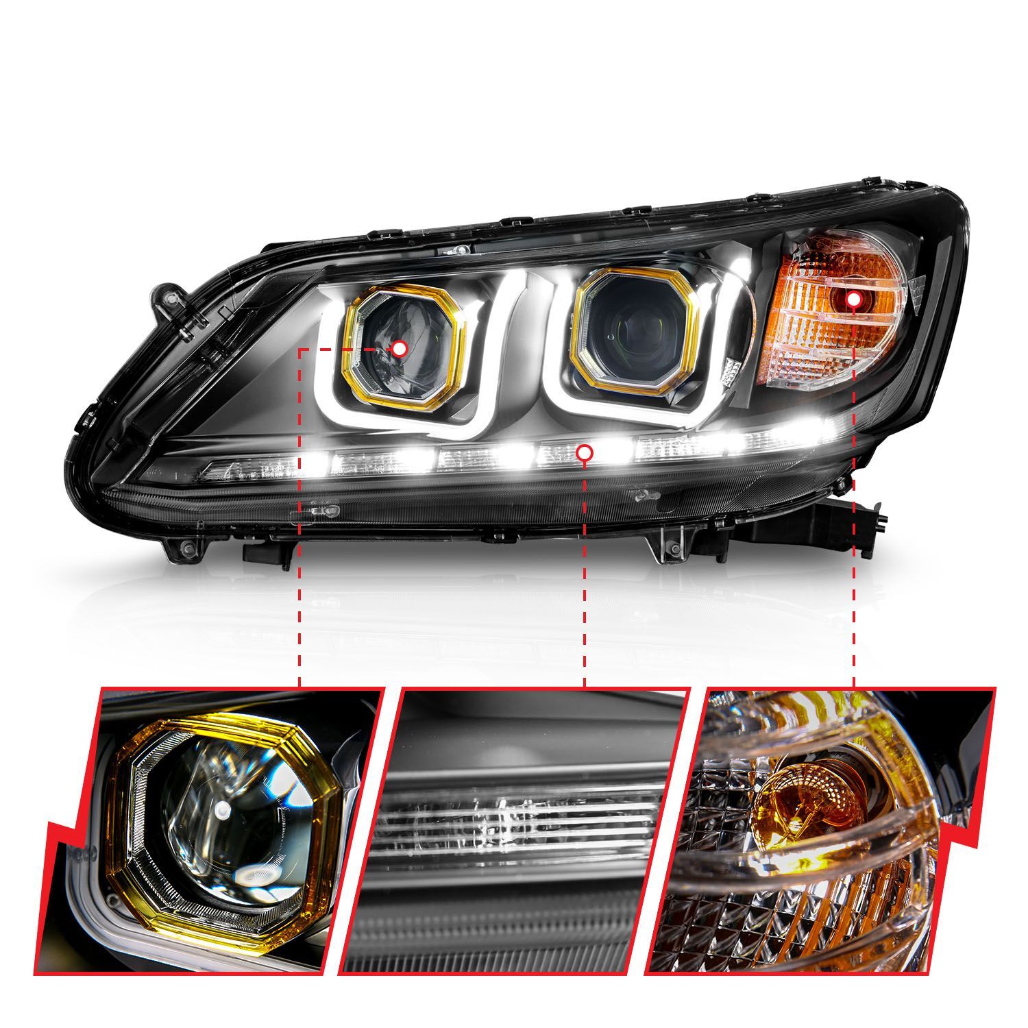 2013-2015 Honda Accord 4DR Anzo Projector Headlights W/ U-Bar Black