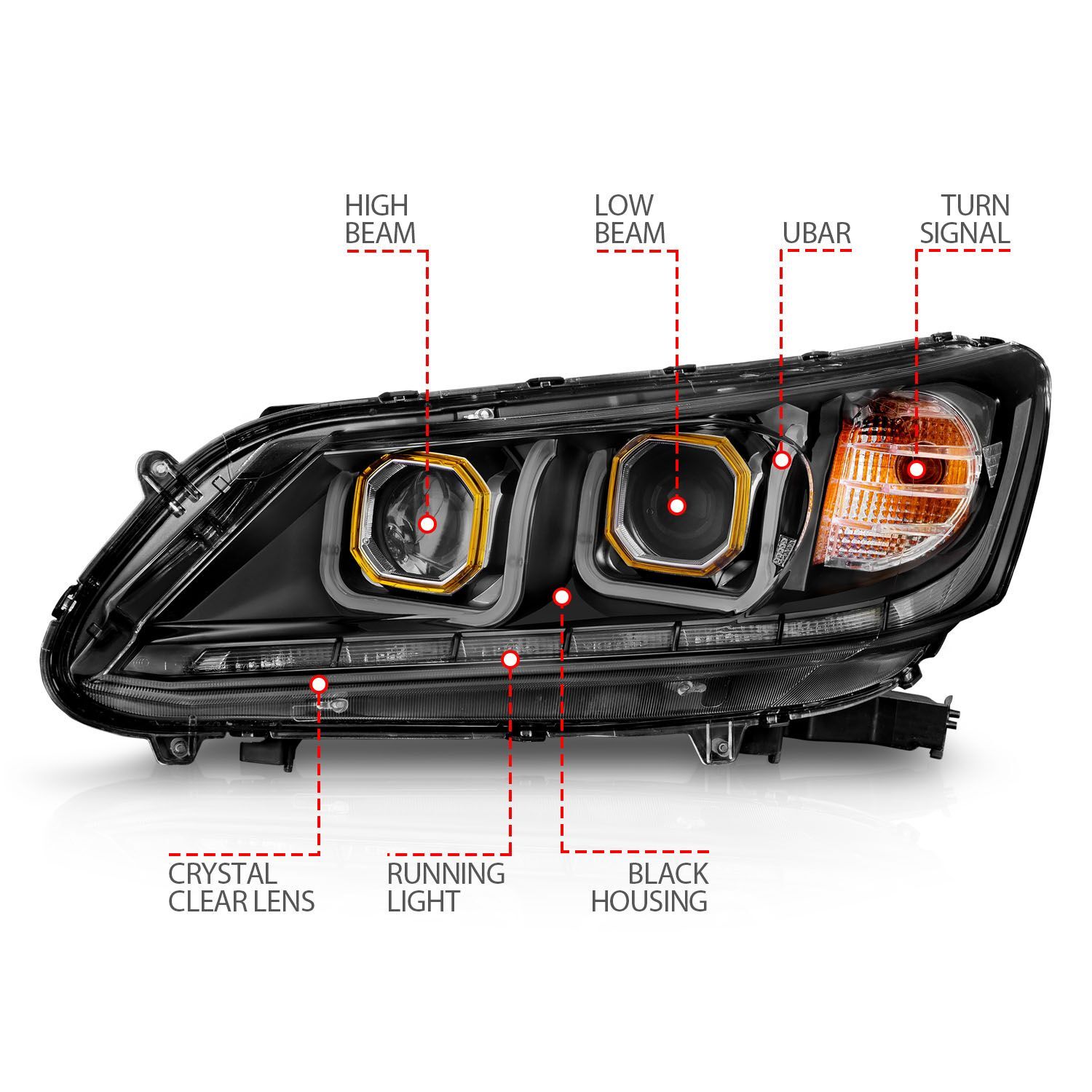 2013-2015 Honda Accord 4DR Anzo Projector Headlights W/ U-Bar Black