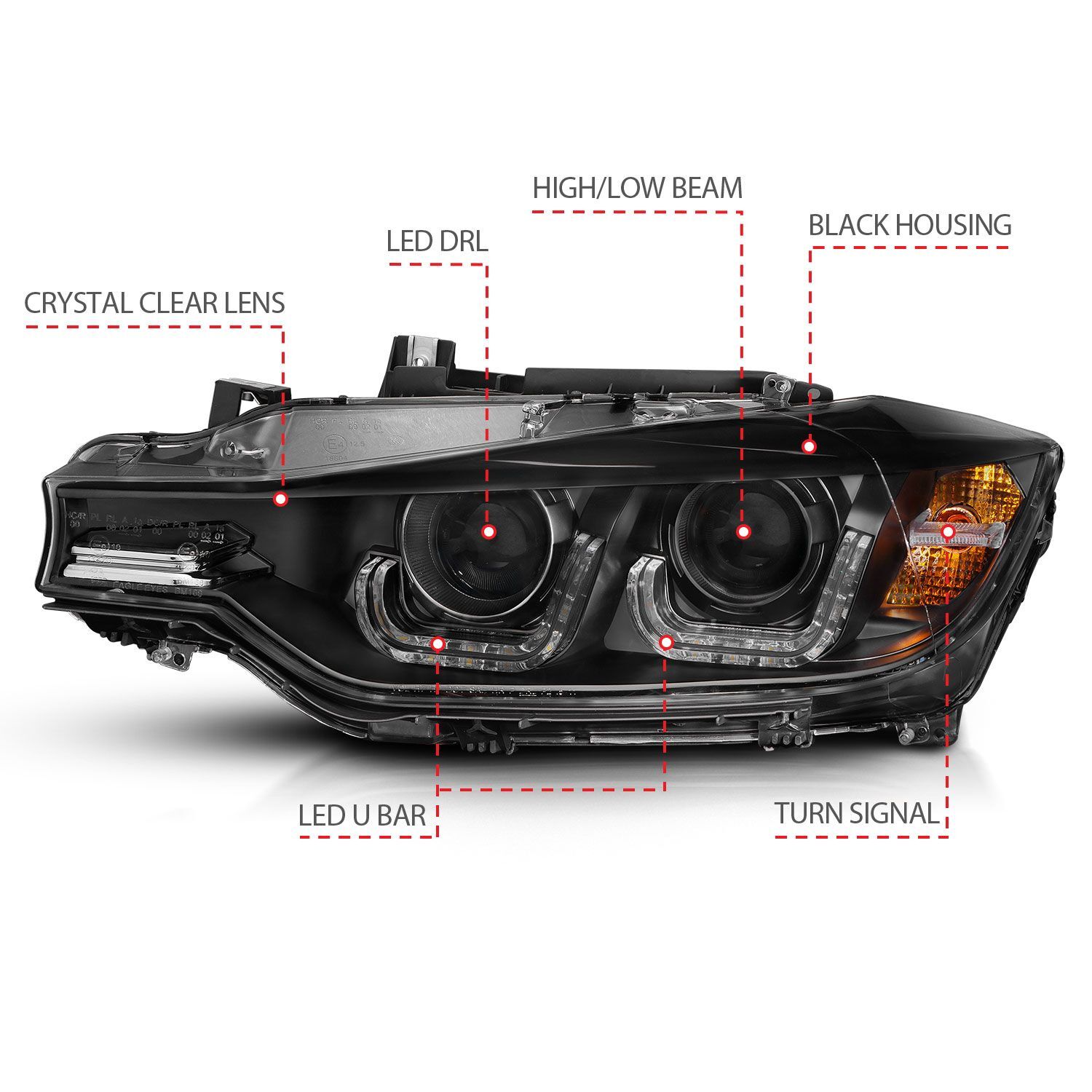 2012-2015 BMW 3-Series F30 4DR Anzo Projector Headlights W/ U-Bar Black