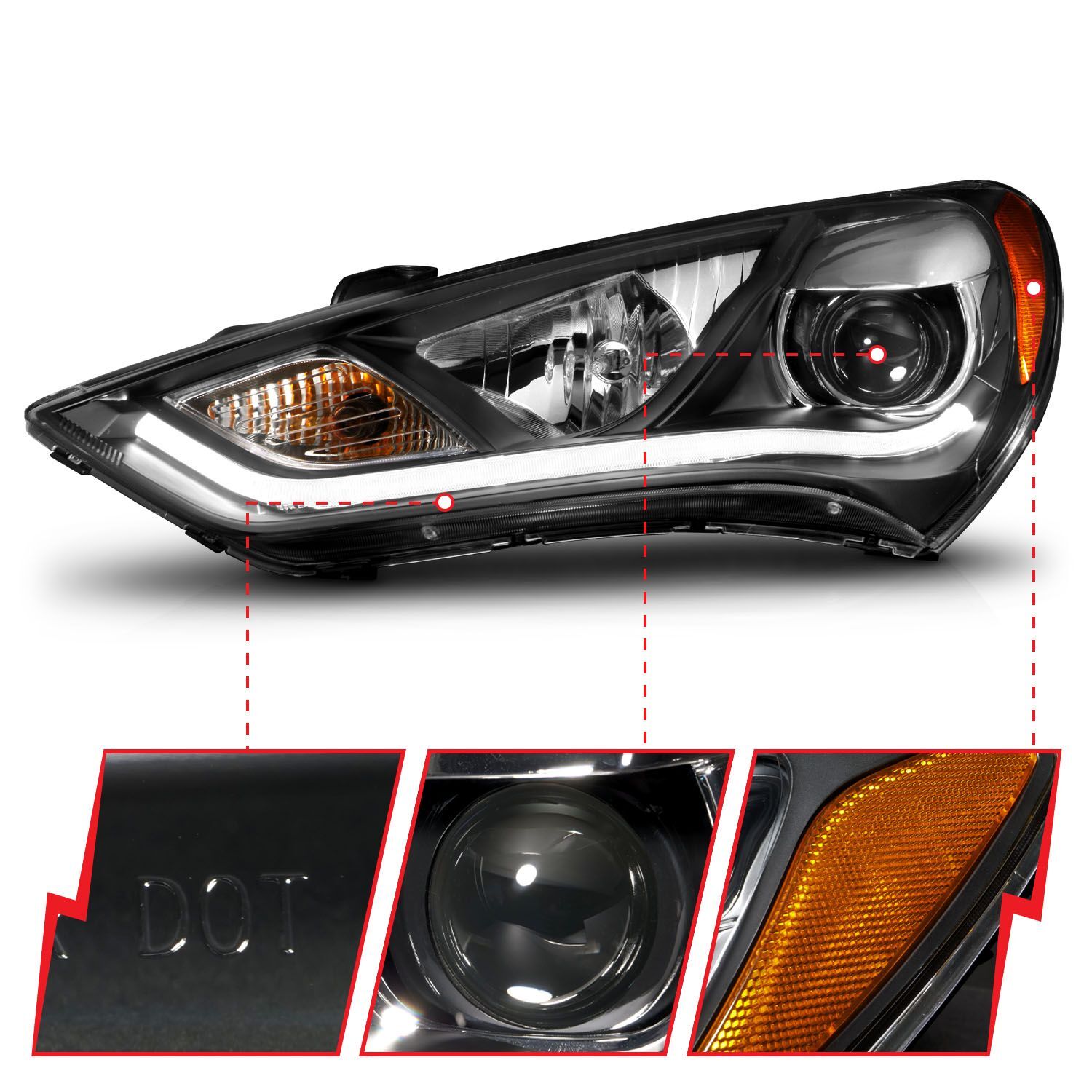 2013-2016 Hyundai Genesis 2DR Anzo Projector Headlights W/ Plank Style Design Black (Hid Compatible)