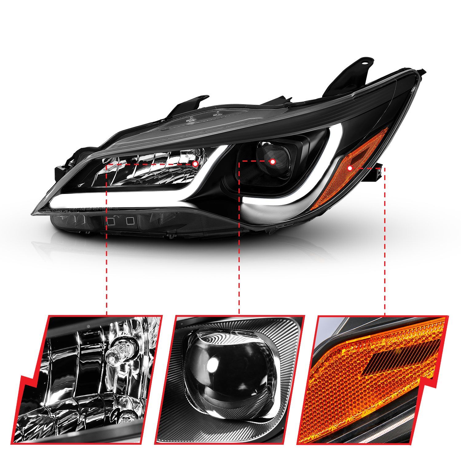 2015-2017 Toyota Camry 4DR Anzo Projector Headlights W/ Plank Style Design Black W/ Amber