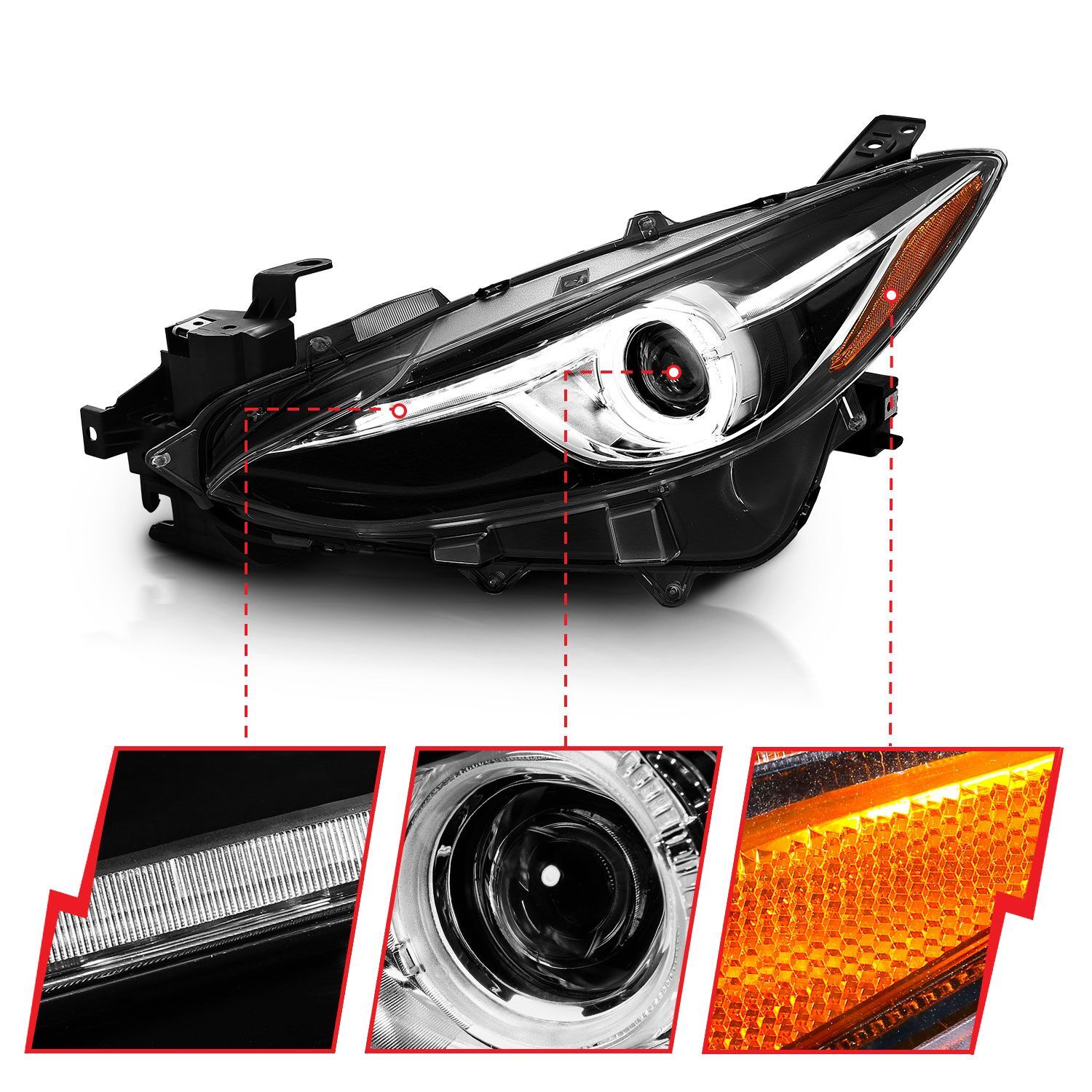 2014-2017 Mazda 3 Anzo Projector Headlights W/ Halo Black W/ Amber