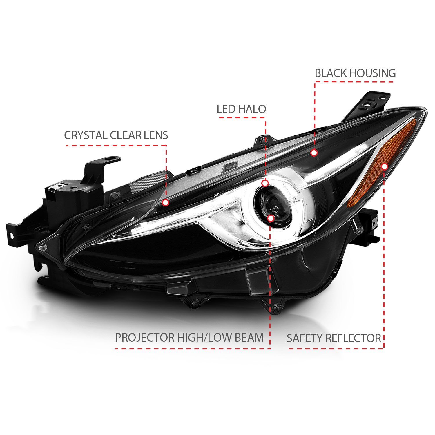 2014-2017 Mazda 3 Anzo Projector Headlights W/ Halo Black W/ Amber
