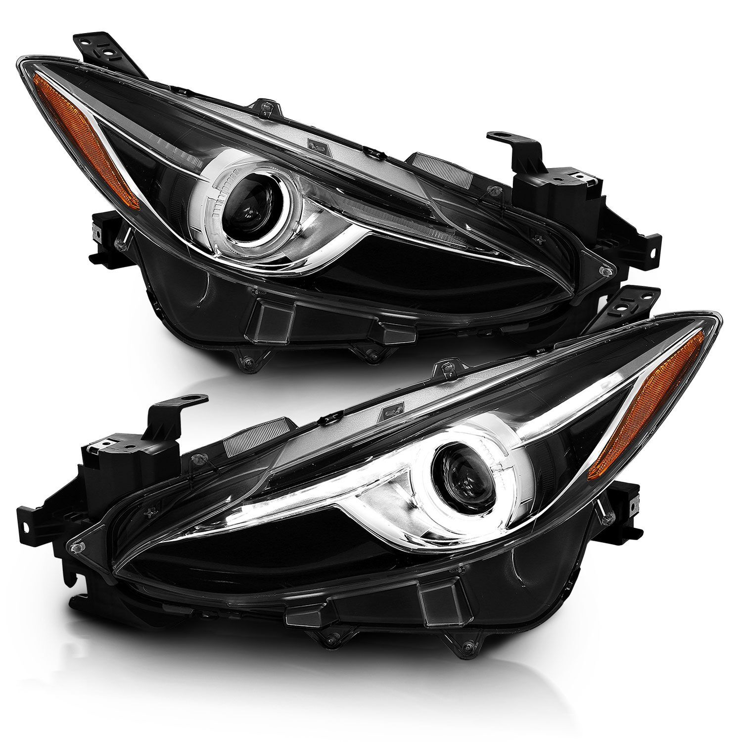 2014-2017 Mazda 3 Anzo Projector Headlights W/ Halo Black W/ Amber - 121522
