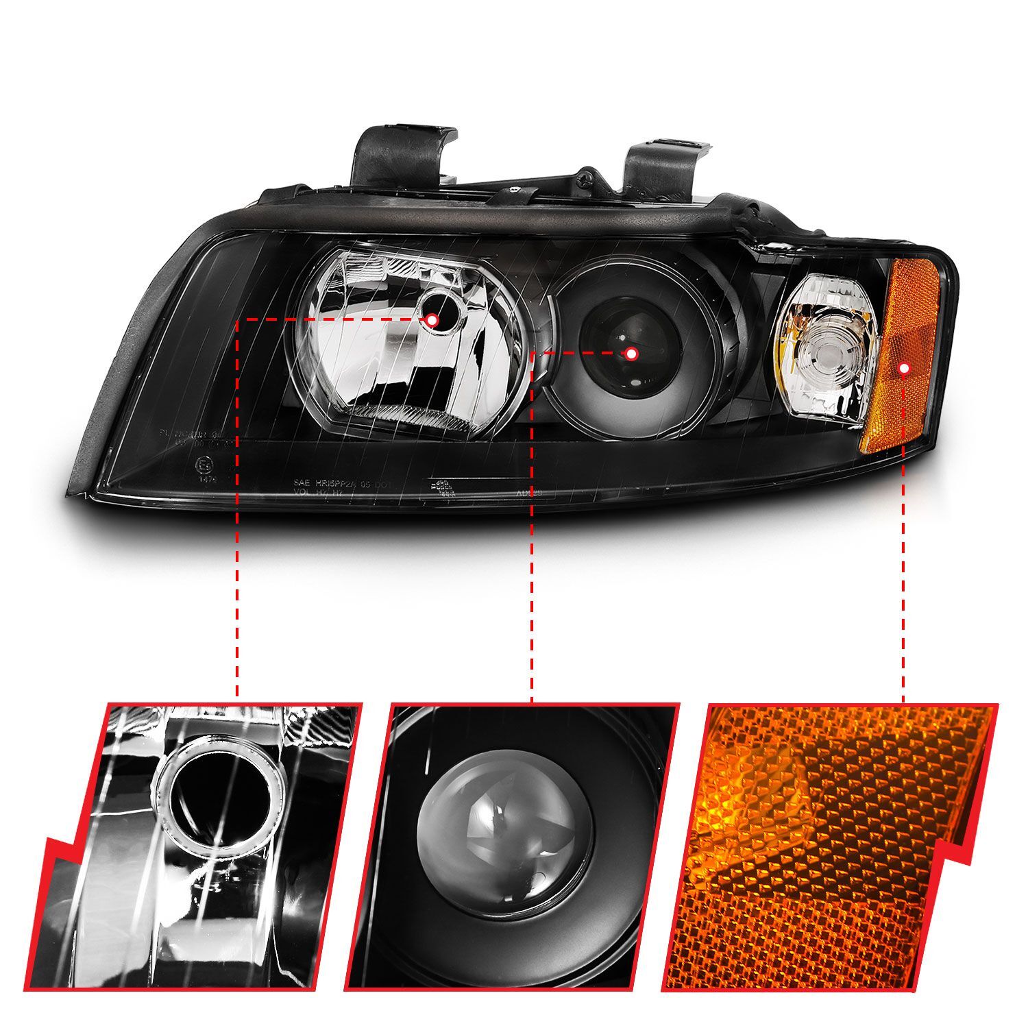 2002-2005 Audi A4/S4 Anzo Projector Headlight Black G2 (Halogen Type)