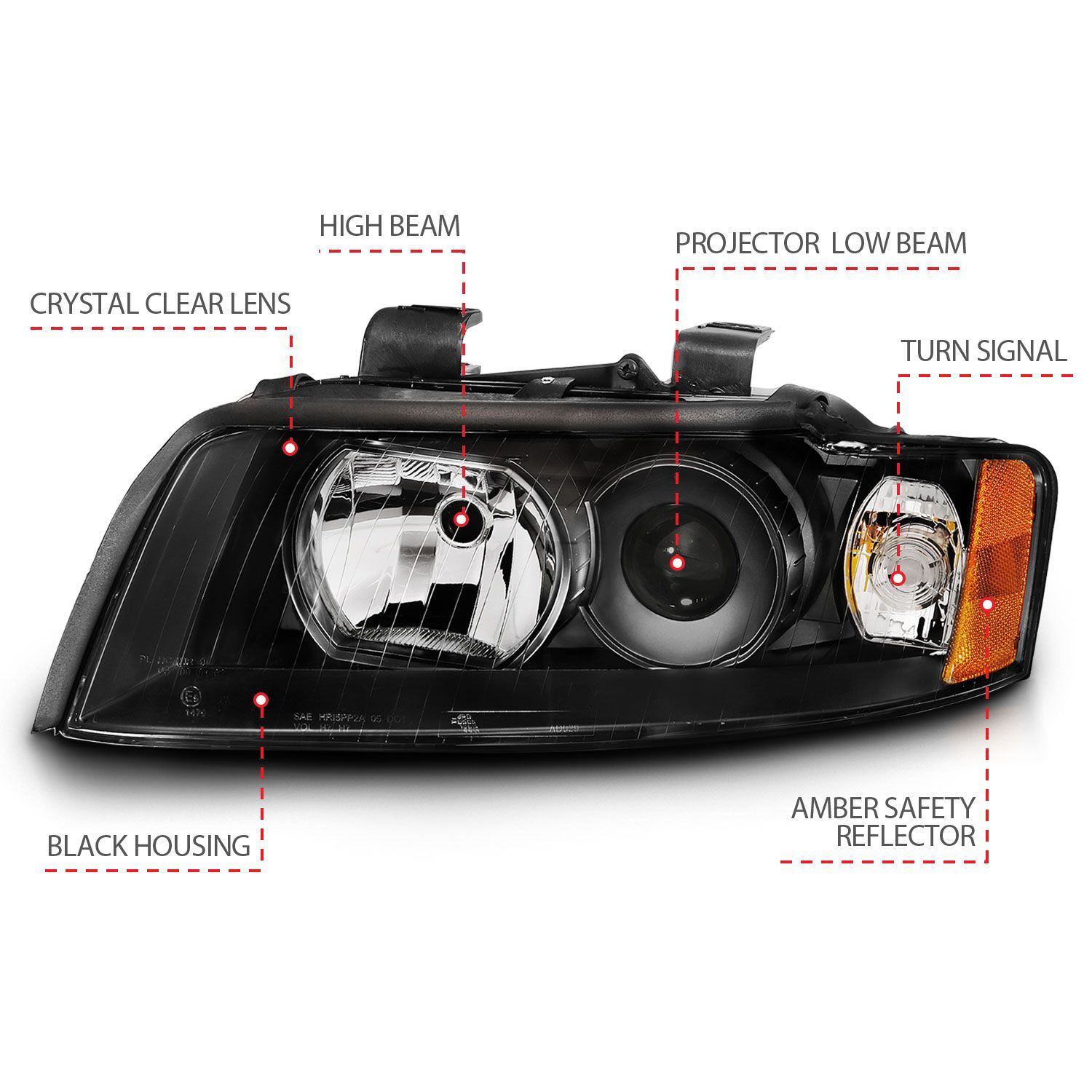 2002-2005 Audi A4/S4 Anzo Projector Headlight Black G2 (Halogen Type)