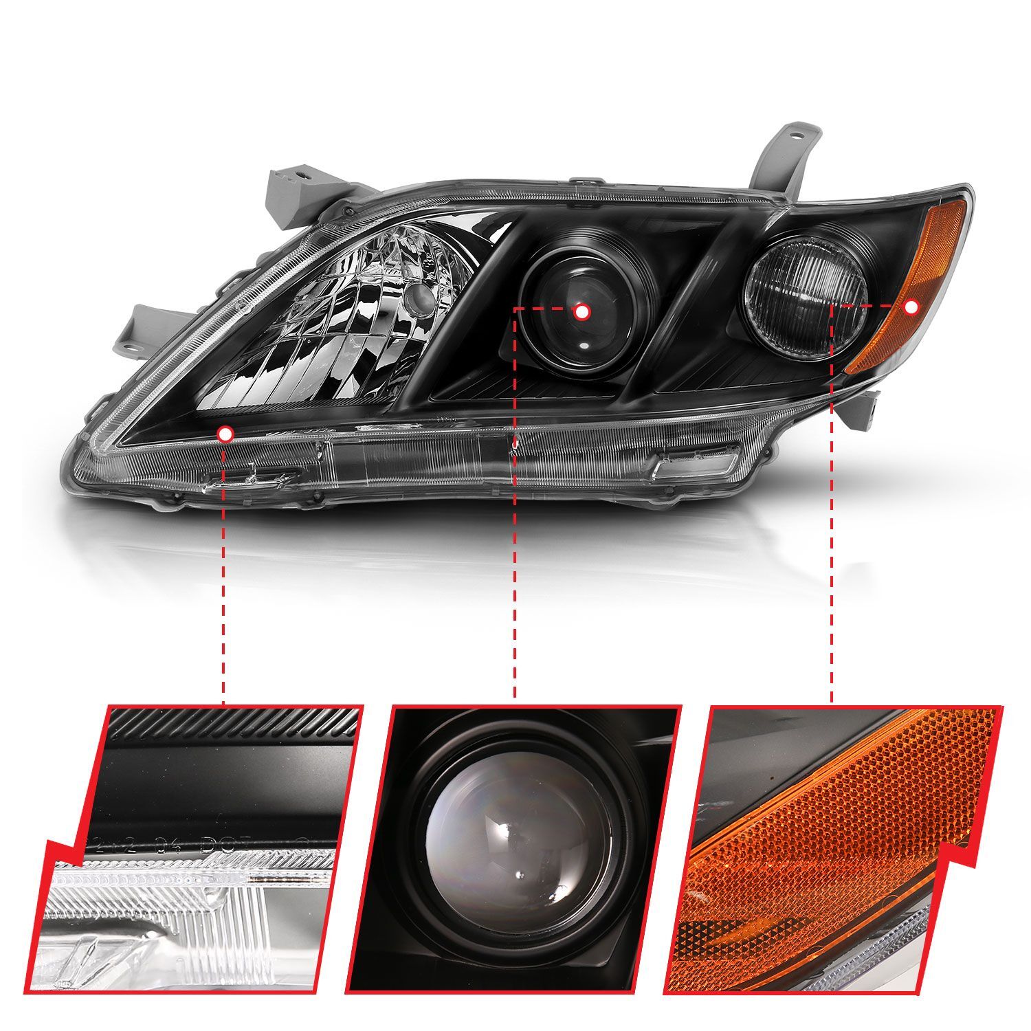 2007-2009 Toyota Camry Anzo Projector Headlight Black Amber