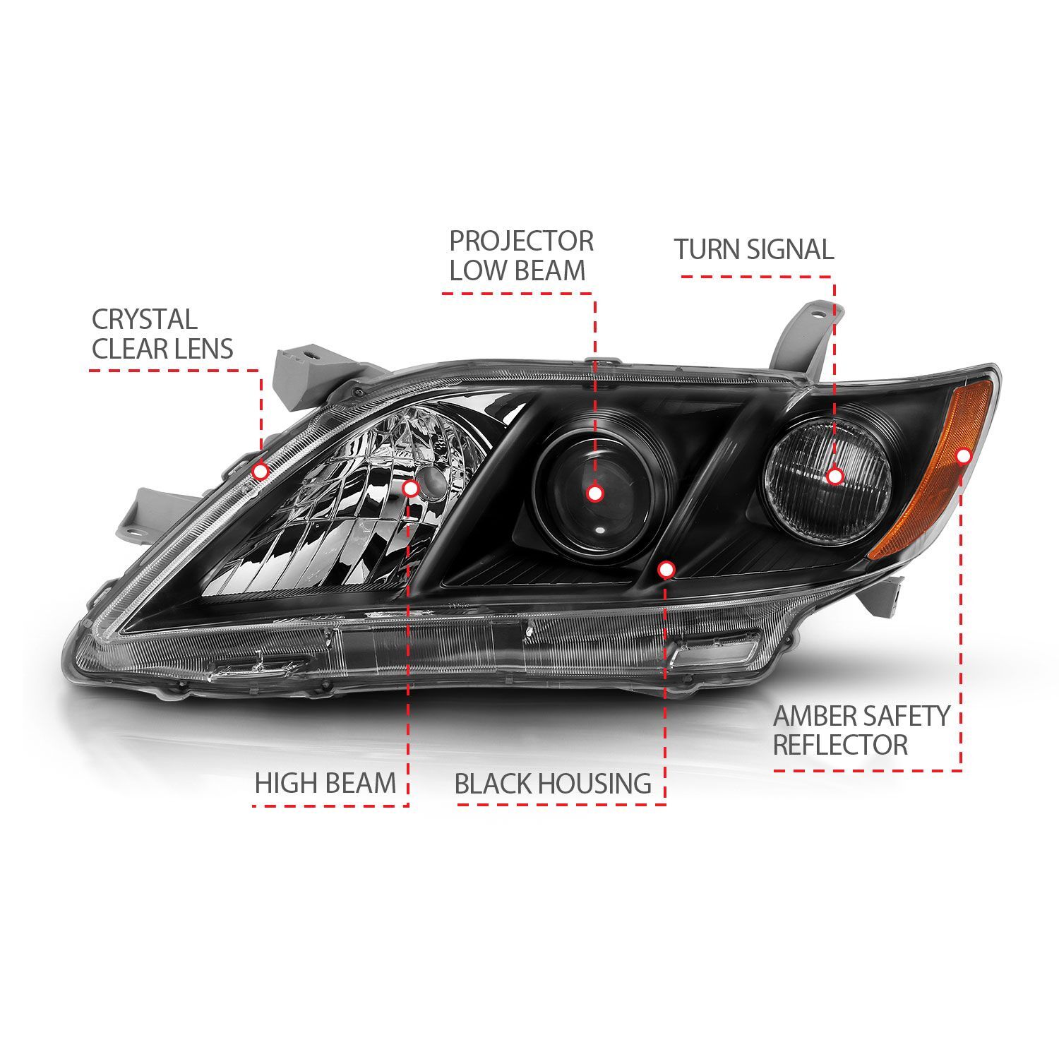 2007-2009 Toyota Camry Anzo Projector Headlight Black Amber