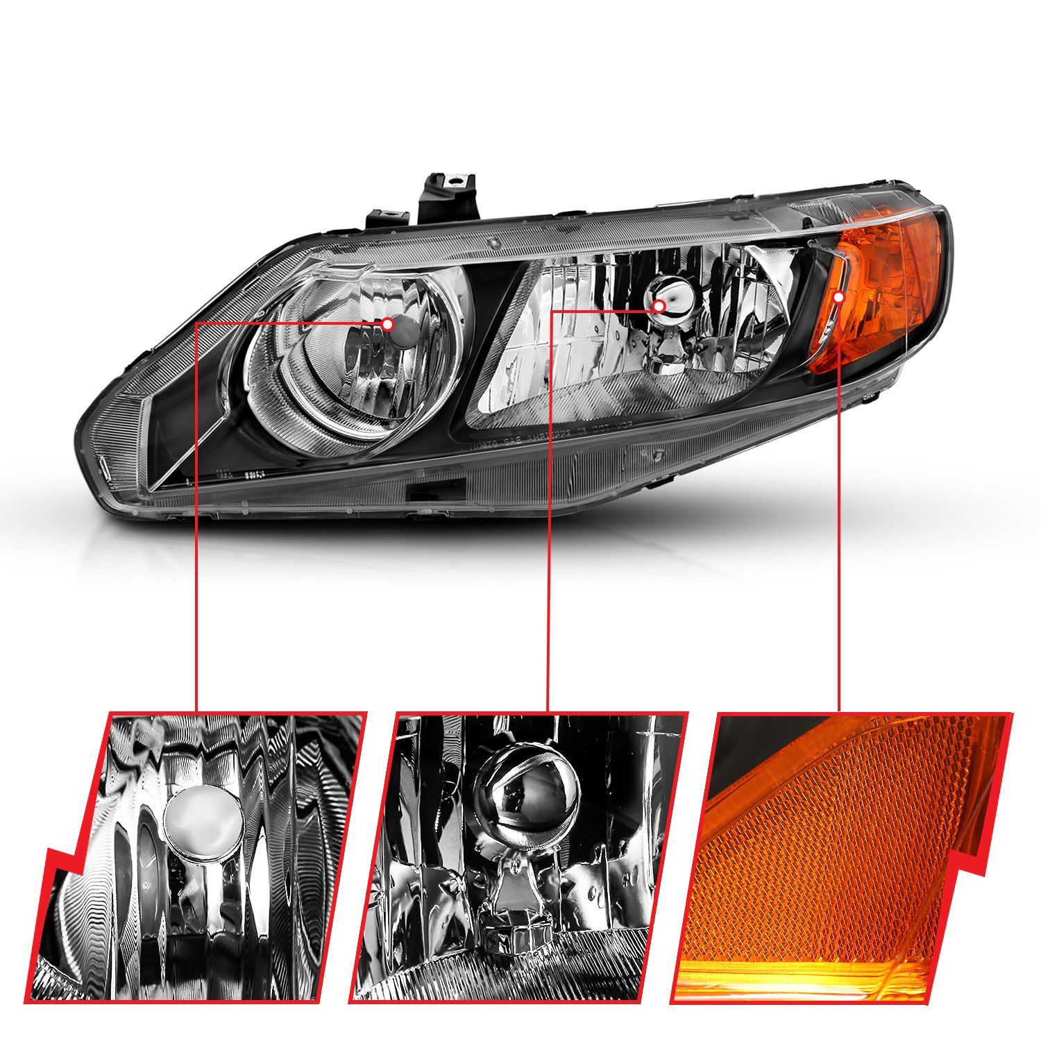 2006-2011 Honda Civic 4DR Anzo Crystal Headlight Black Amber