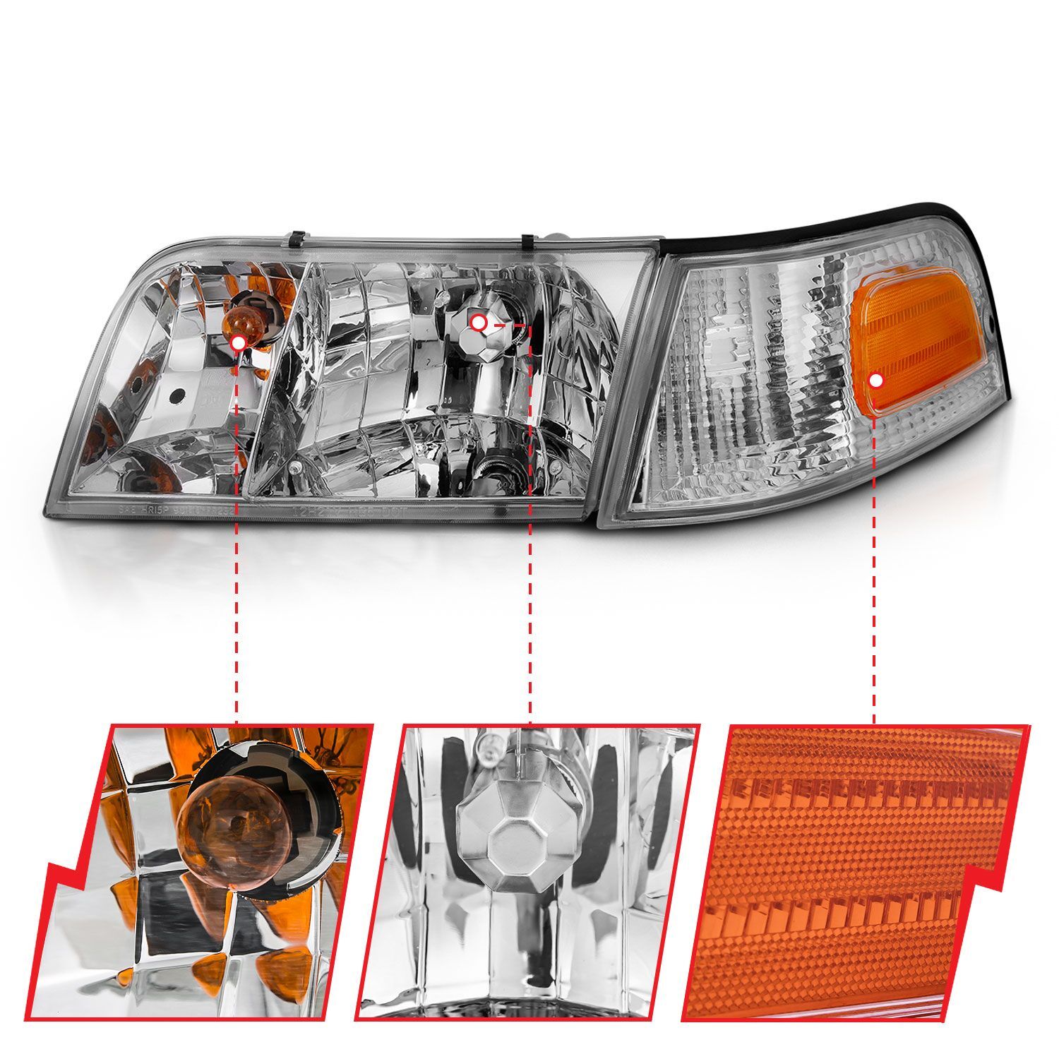 1998-2011 Ford Crown Victoria Anzo Crystal Headlight Chrome With Bumper Light (Oe)