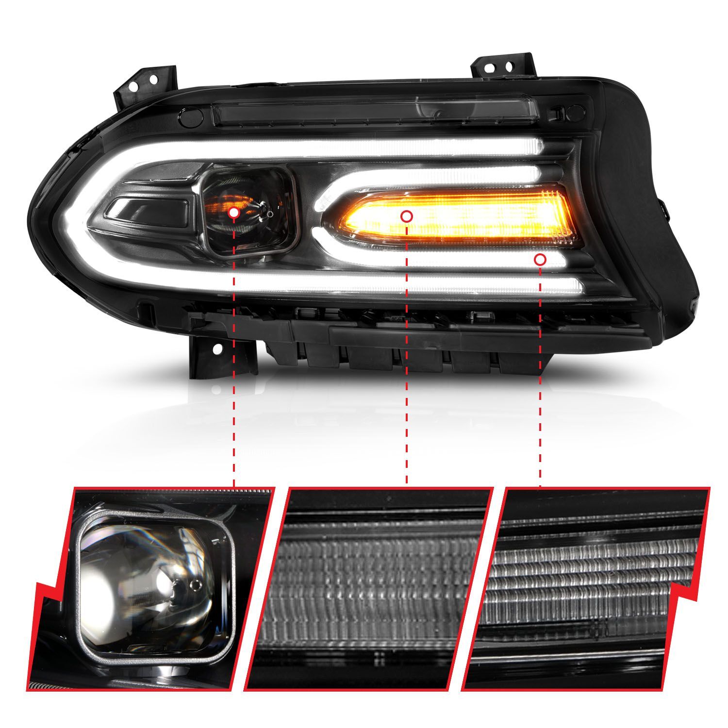 2015-2018 Dodge Charger Anzo Projector Headlights Plank Style Black