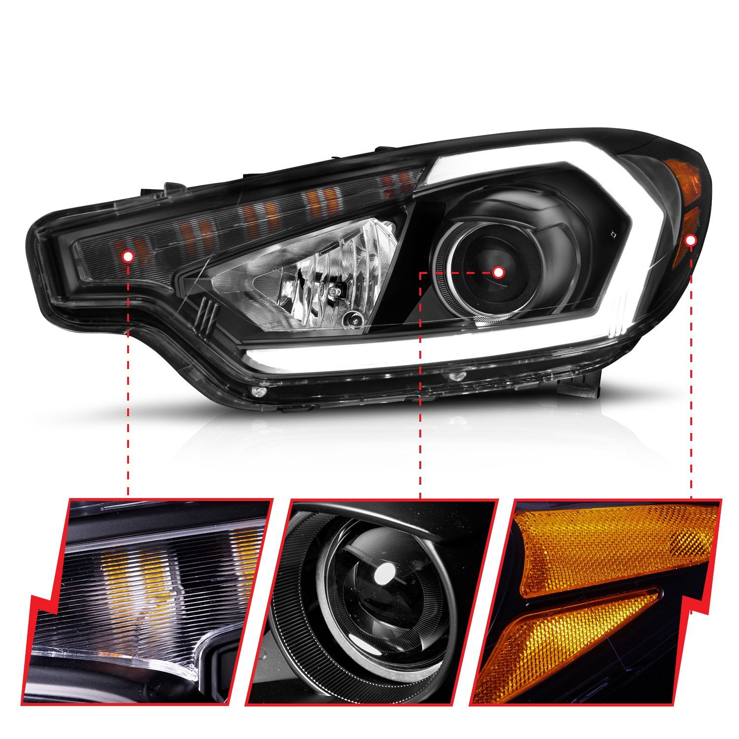 2014-2016 Kia Forte Anzo Projector Headlights W/ Light Bar Black Housing W/ DRL