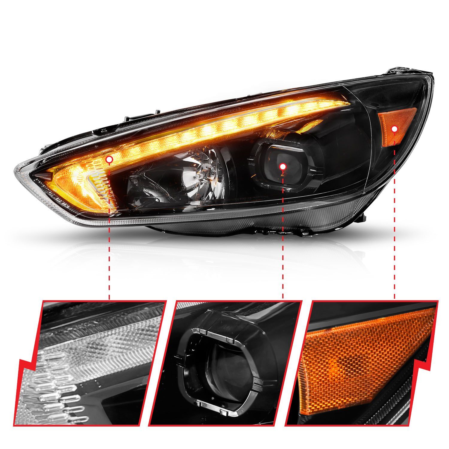 2015-2018 Ford Focus Anzo Projector Headlights W/ Light Bar Switchback Black Housing W/ DRL