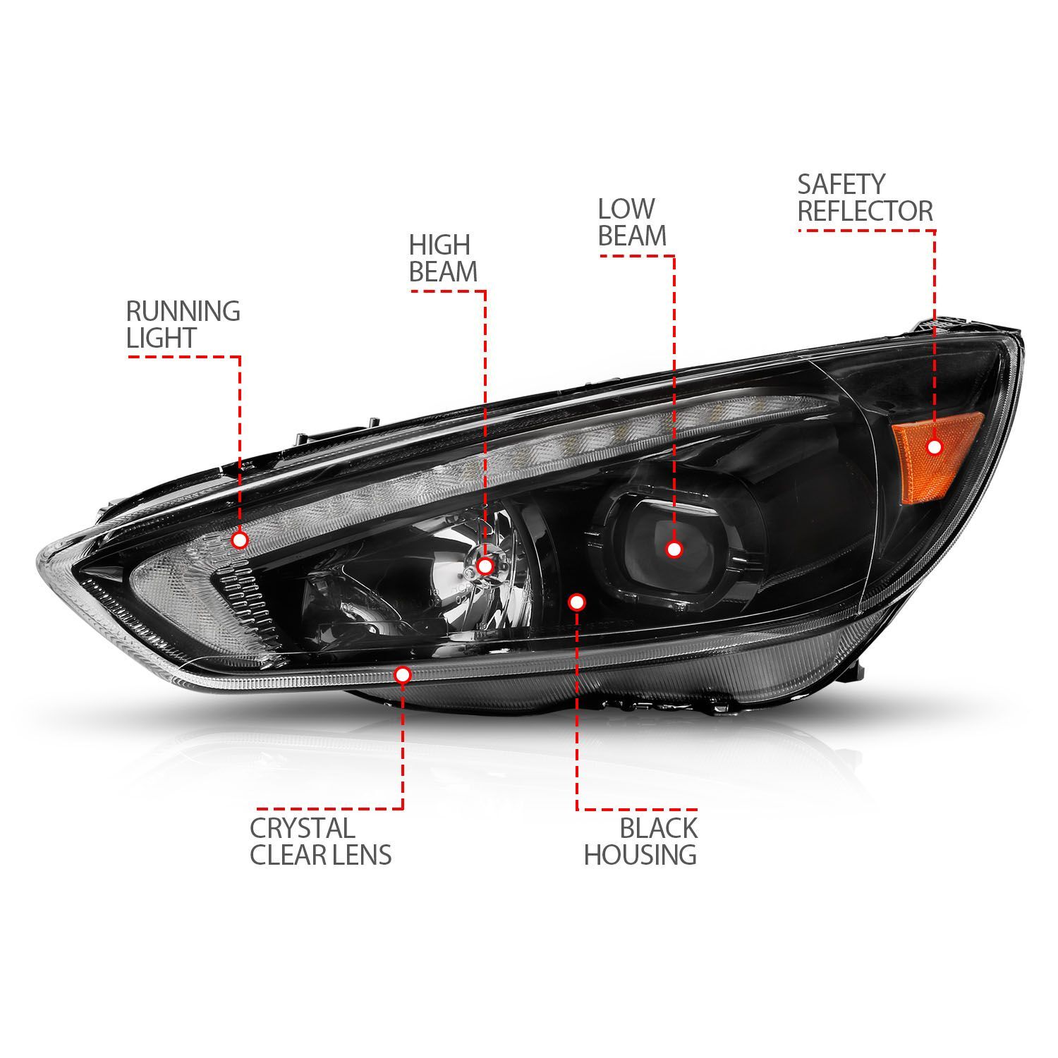 2015-2018 Ford Focus Anzo Projector Headlights W/ Light Bar Switchback Black Housing W/ DRL